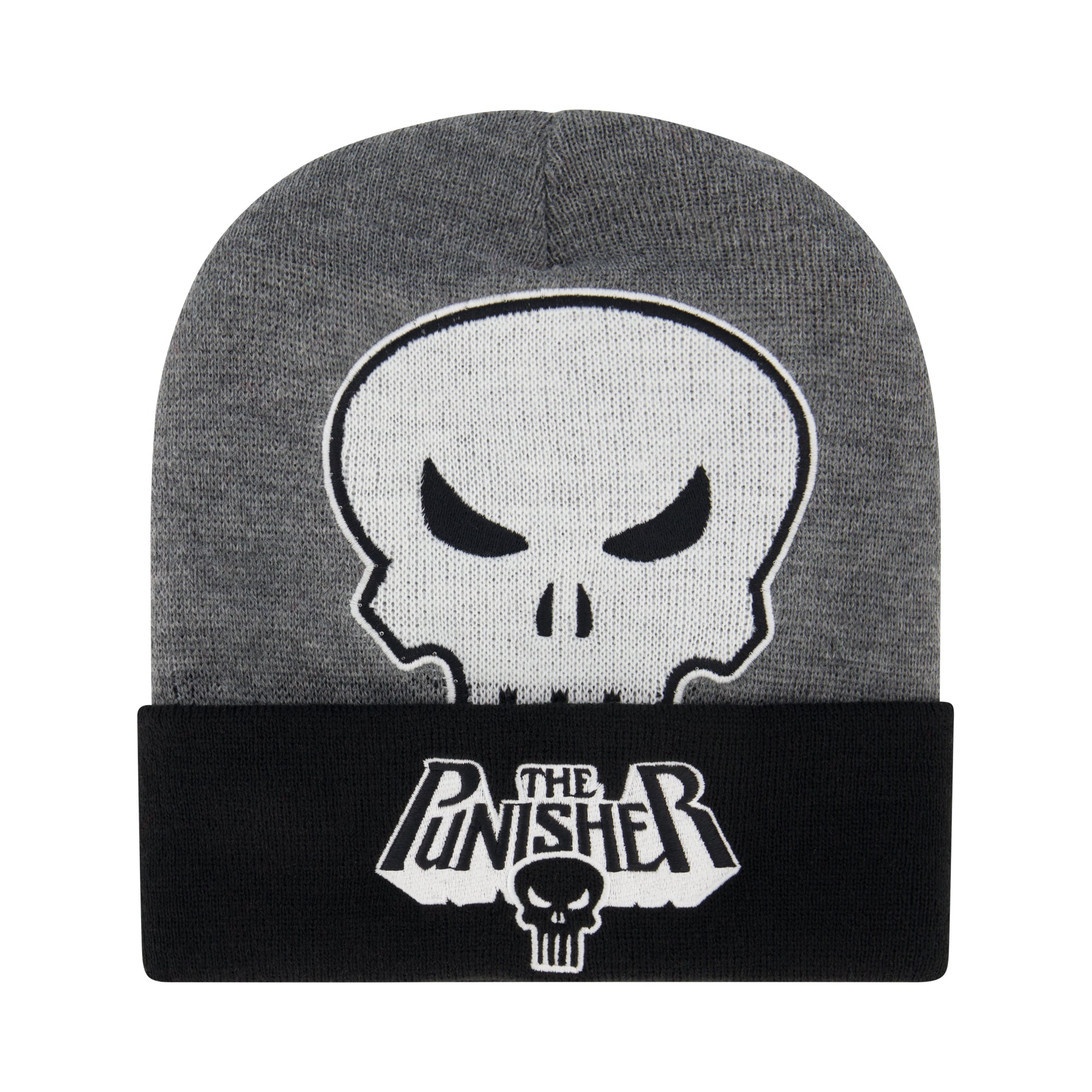 Marvel The Punisher Beanie Hat, LED Light Up Winter Knit Cap with Skull Logo and Cuff, Grey, One Size