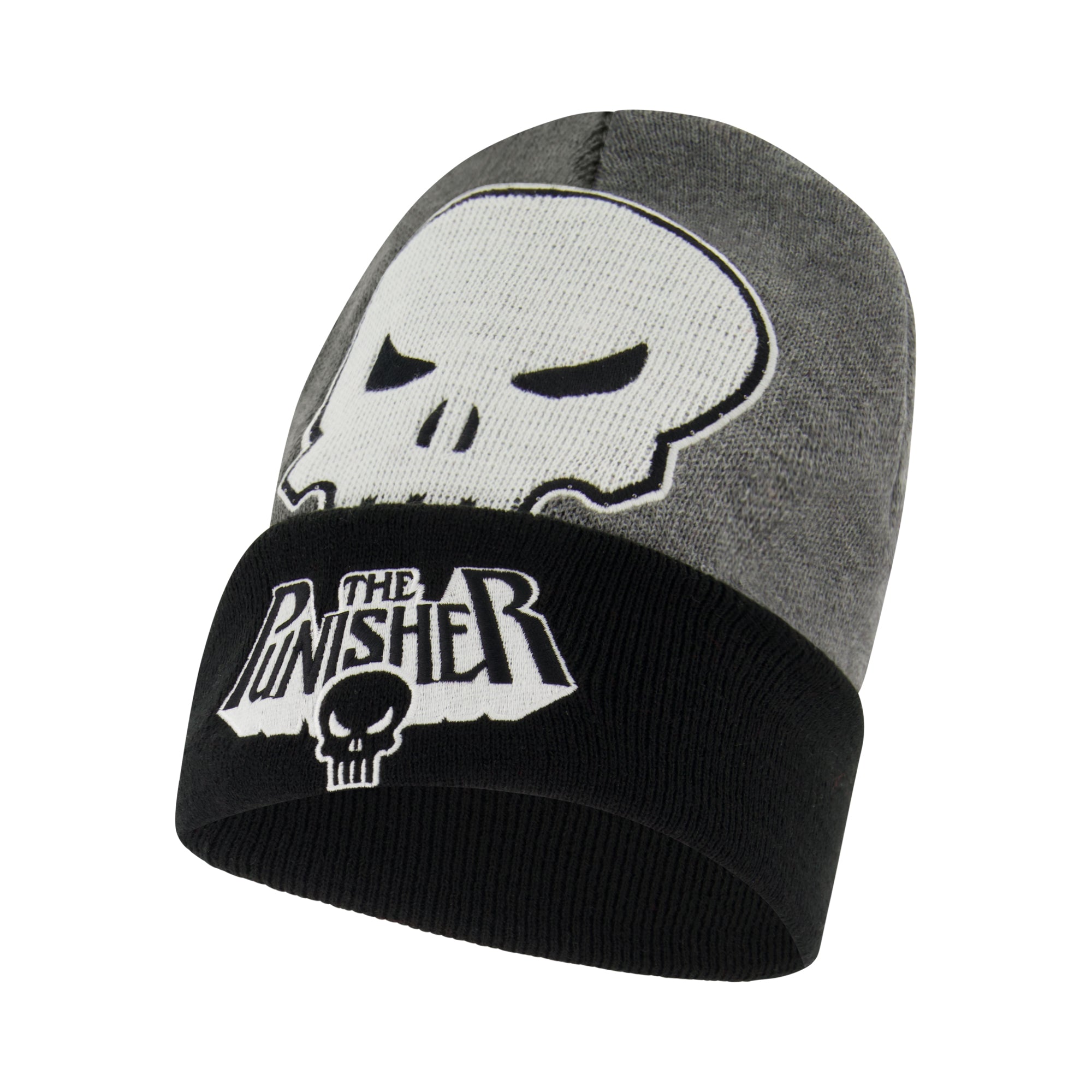 Marvel The Punisher Beanie Hat, LED Light Up Winter Knit Cap with Skull Logo and Cuff, Grey, One Size