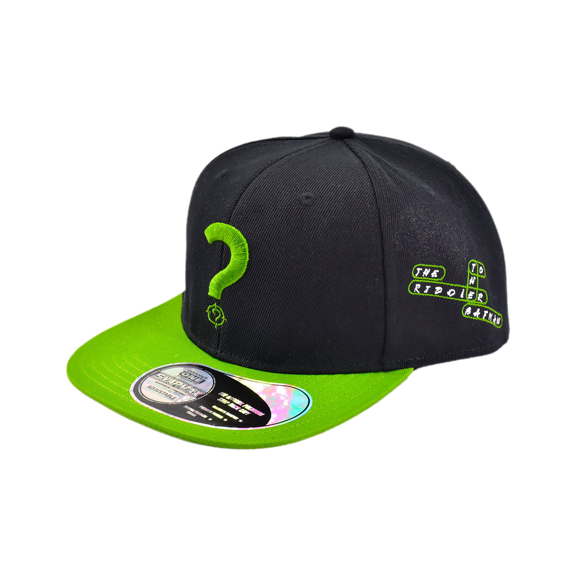 DC Comics The Riddler Snapback Hat – Black & Green Question Mark Flat Brim Adjustable Cap