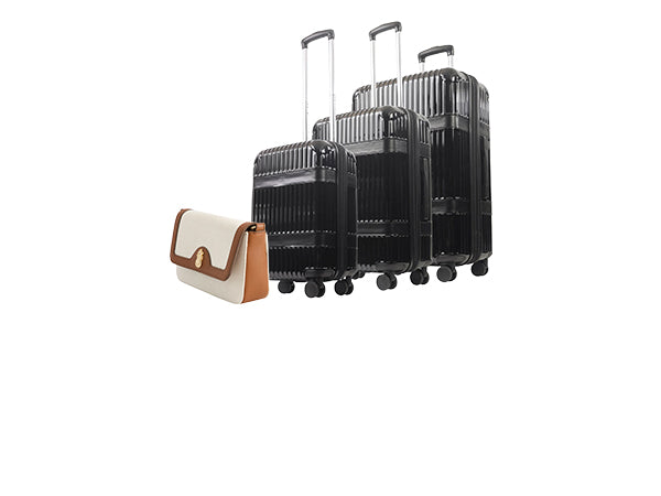 Set of black suitcases with a small white and brown bag on a white background