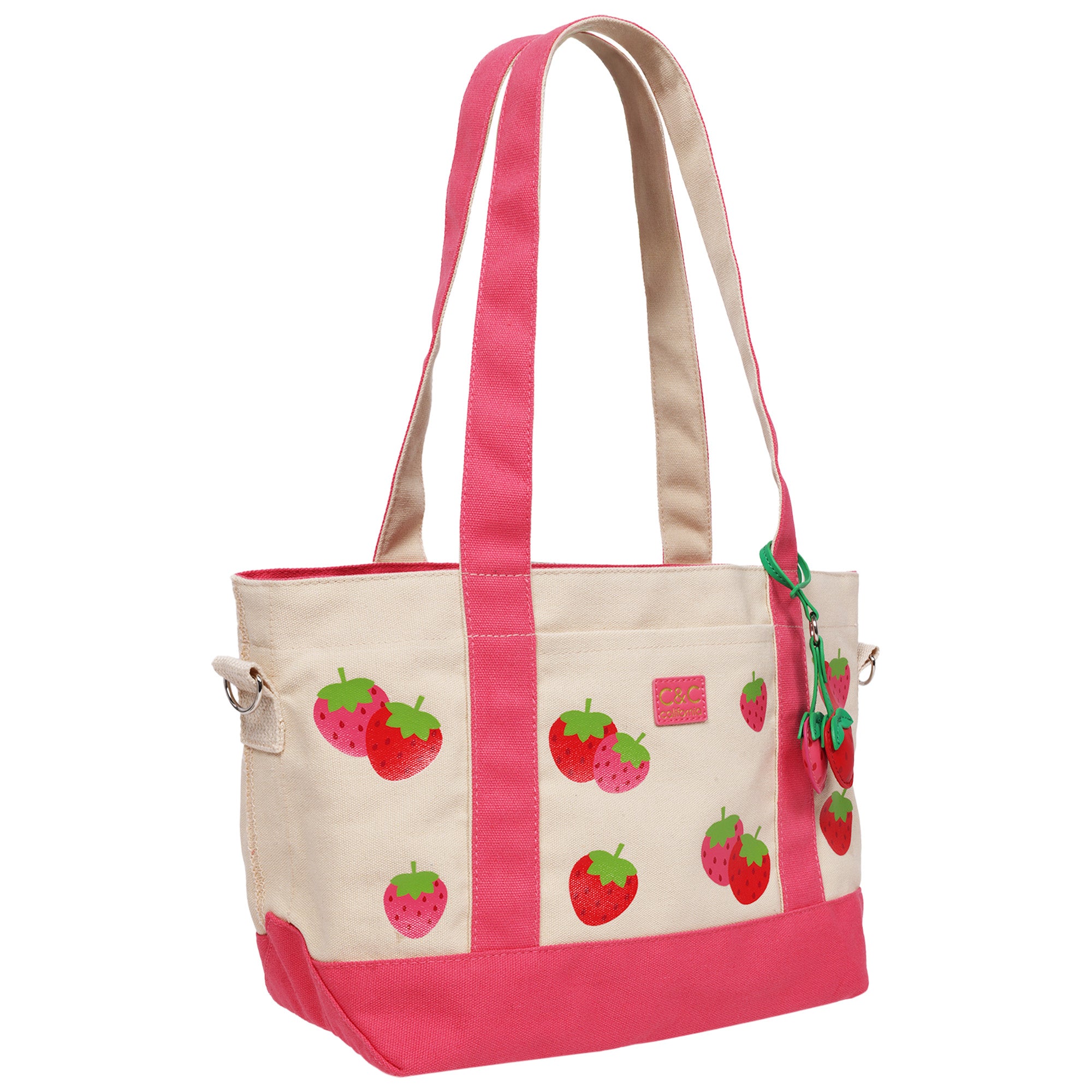 C & C California Strawberry Print Cotton Canvas Tote with Removable Crossbody Strap