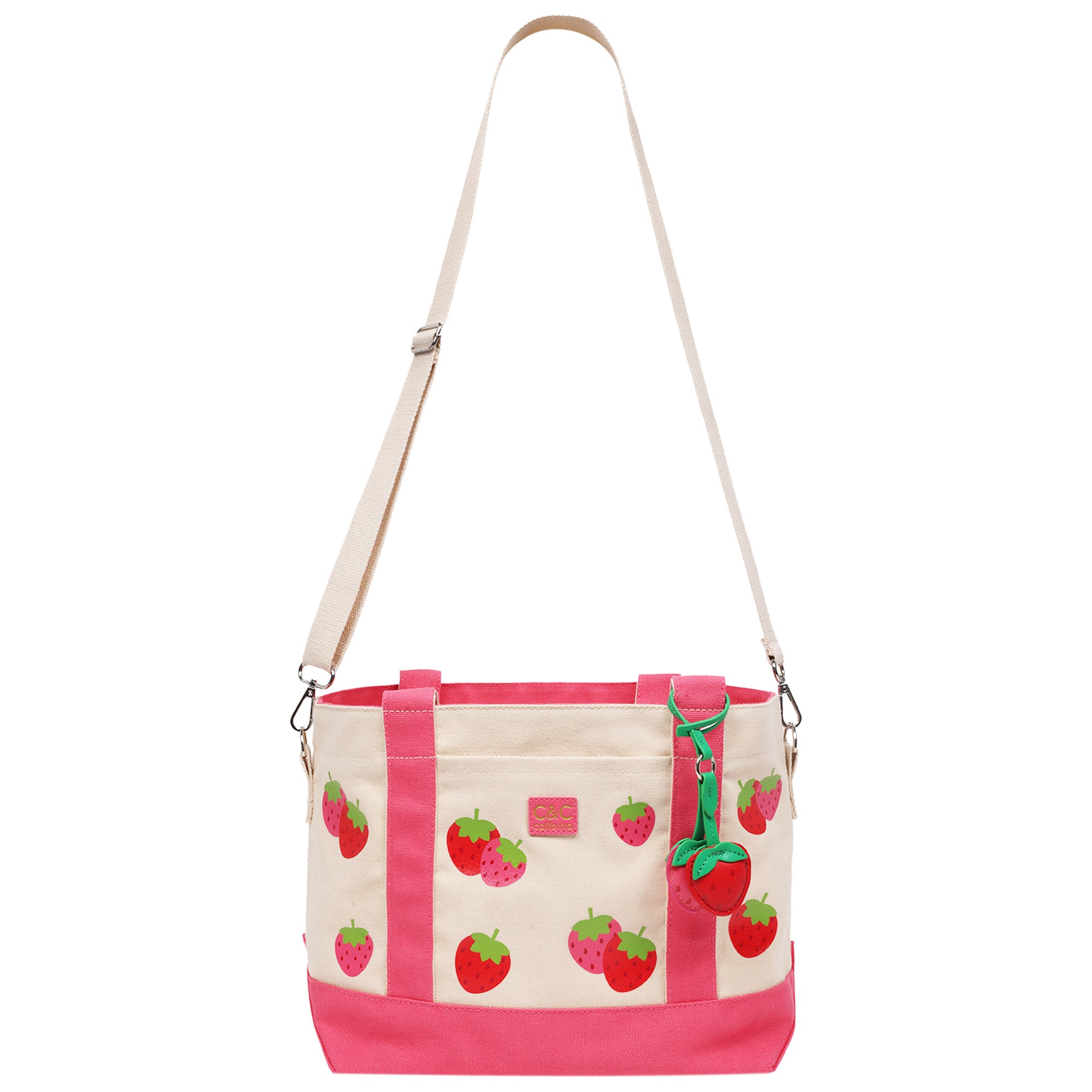 C & C California Strawberry Print Cotton Canvas Tote with Removable Crossbody Strap