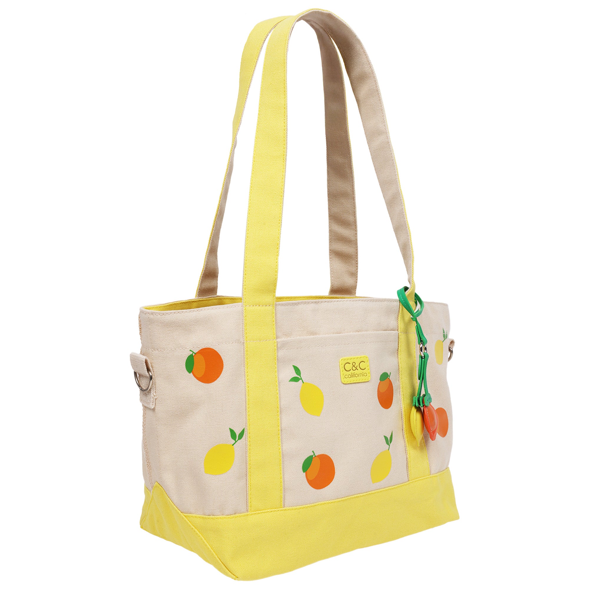 C & C California Citrus Fruit Print Cotton Canvas Tote with Contrast Trim & PU Charm