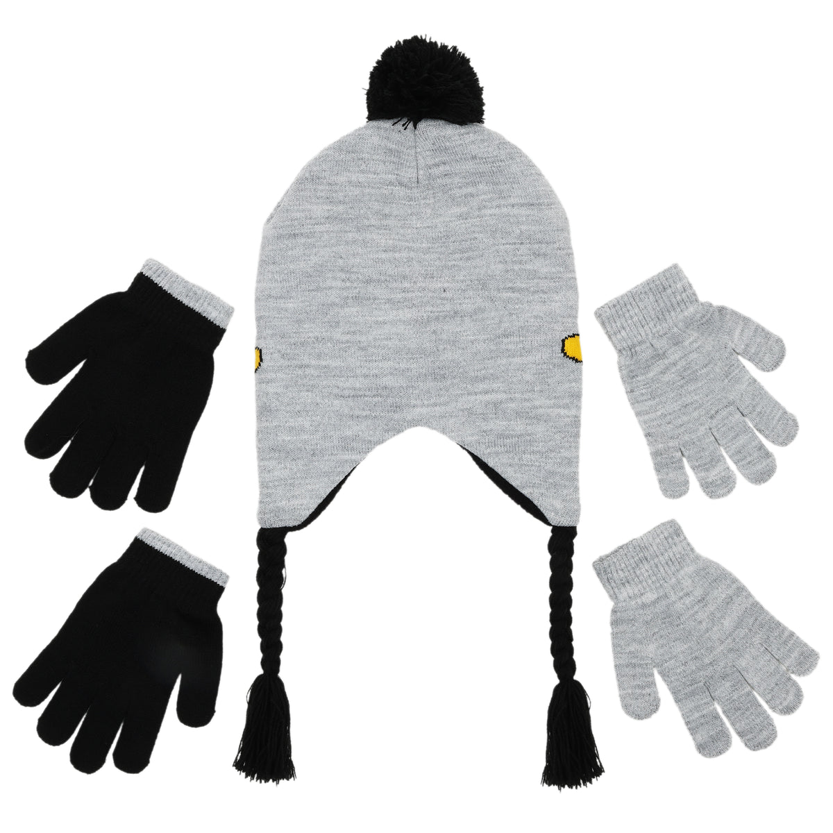 Disney Boys Mickey Mouse Winter Trapper Hat & 2-Pair Gloves Set – Grey/Black, Ages 4–7