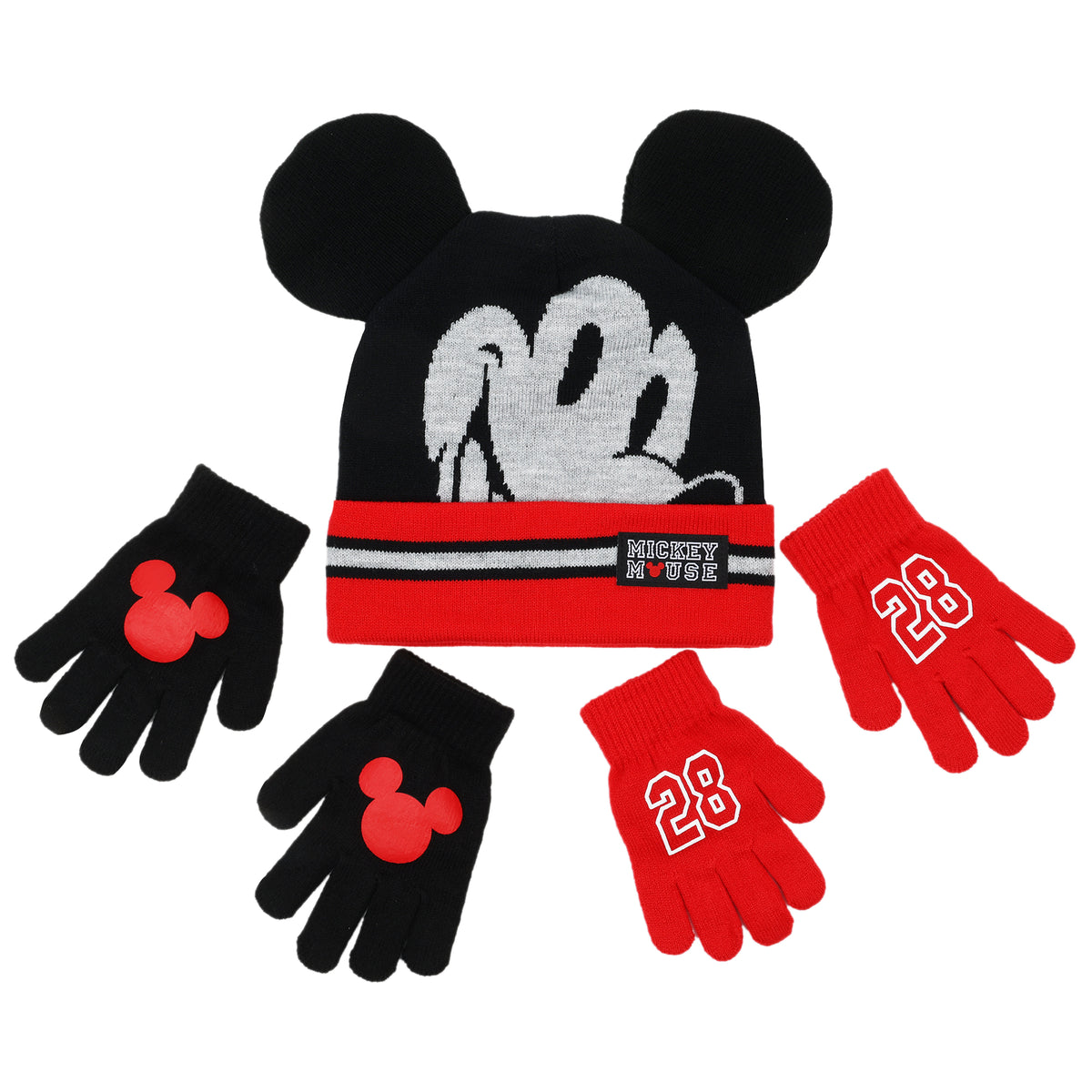 Disney Boys Mickey Mouse Winter Hat and 2 Pair Mitten, Size Age 4-7, Red