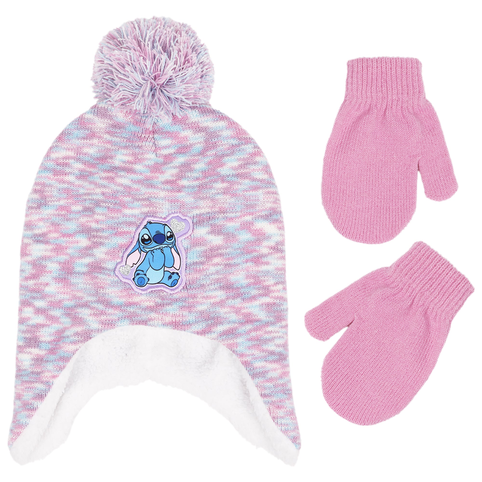 Disney Stitch Beanie Hat and Gloves Set, Toddlers Marled Peruvian Winter Knit Cap with Pom and Matching Mittens, Pink, One Size