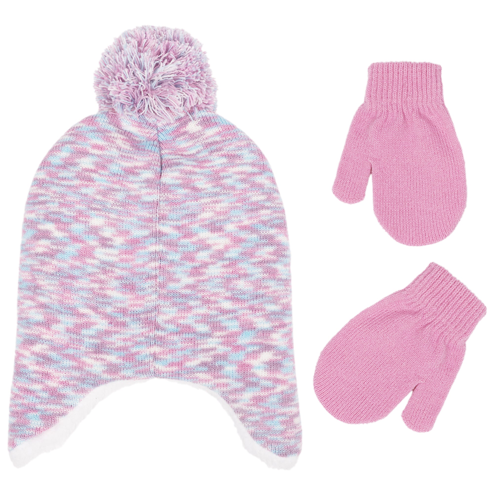 Disney Stitch Beanie Hat and Gloves Set, Toddlers Marled Peruvian Winter Knit Cap with Pom and Matching Mittens, Pink, One Size