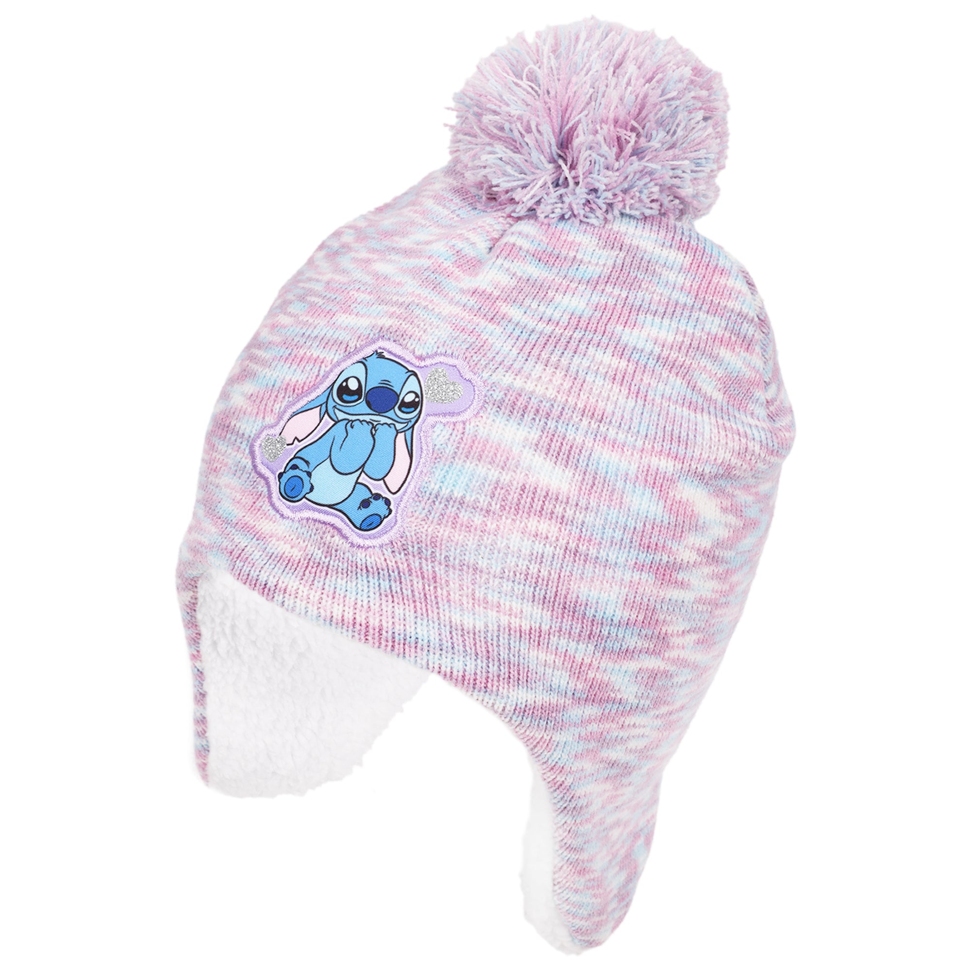 Disney Stitch Beanie Hat and Gloves Set, Toddlers Marled Peruvian Winter Knit Cap with Pom and Matching Mittens, Pink, One Size