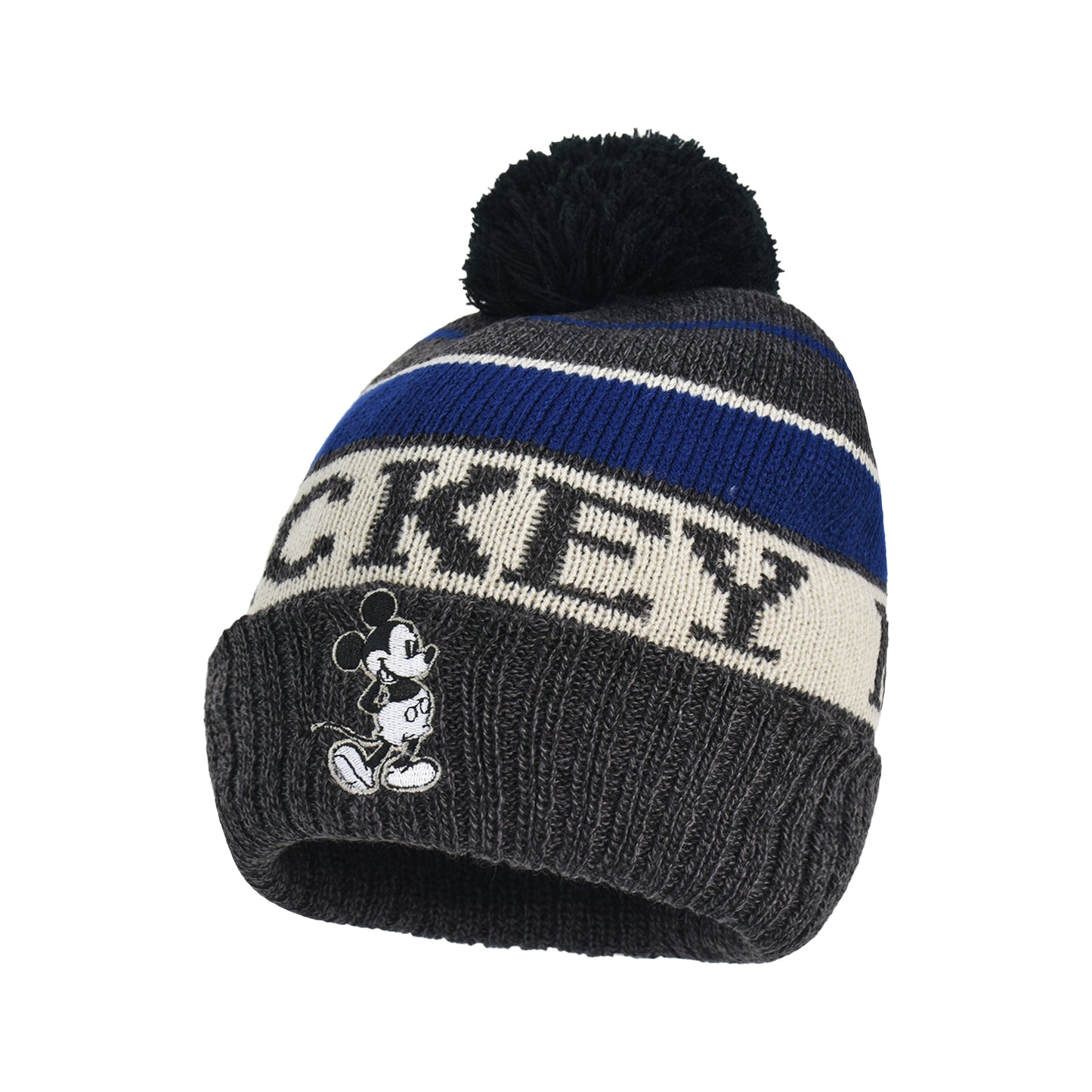 Mickey Stripes Cuff Beanie Wth Pom,Black