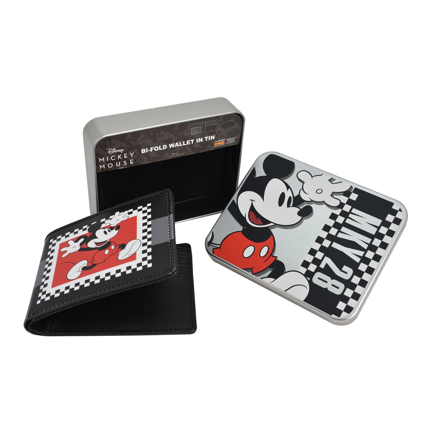 Disney's Mickey Mouse Vintage PRINT Bifold Wallet in a Decorative Tin Case Multi, Unisex