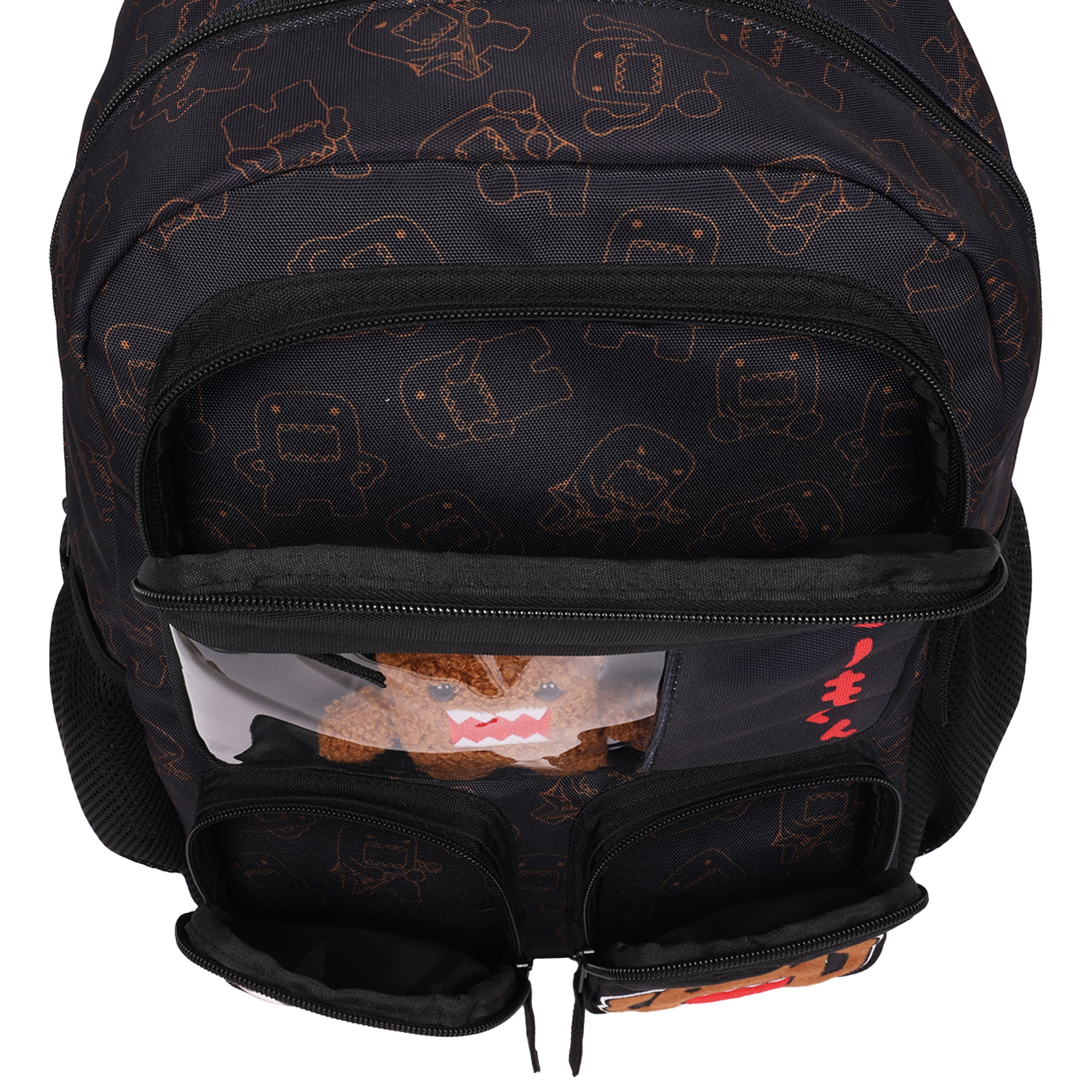 Domo Character Backpack with Clear Window Pocket & Plush Clip Keychain, Multi-Pocket School Bag