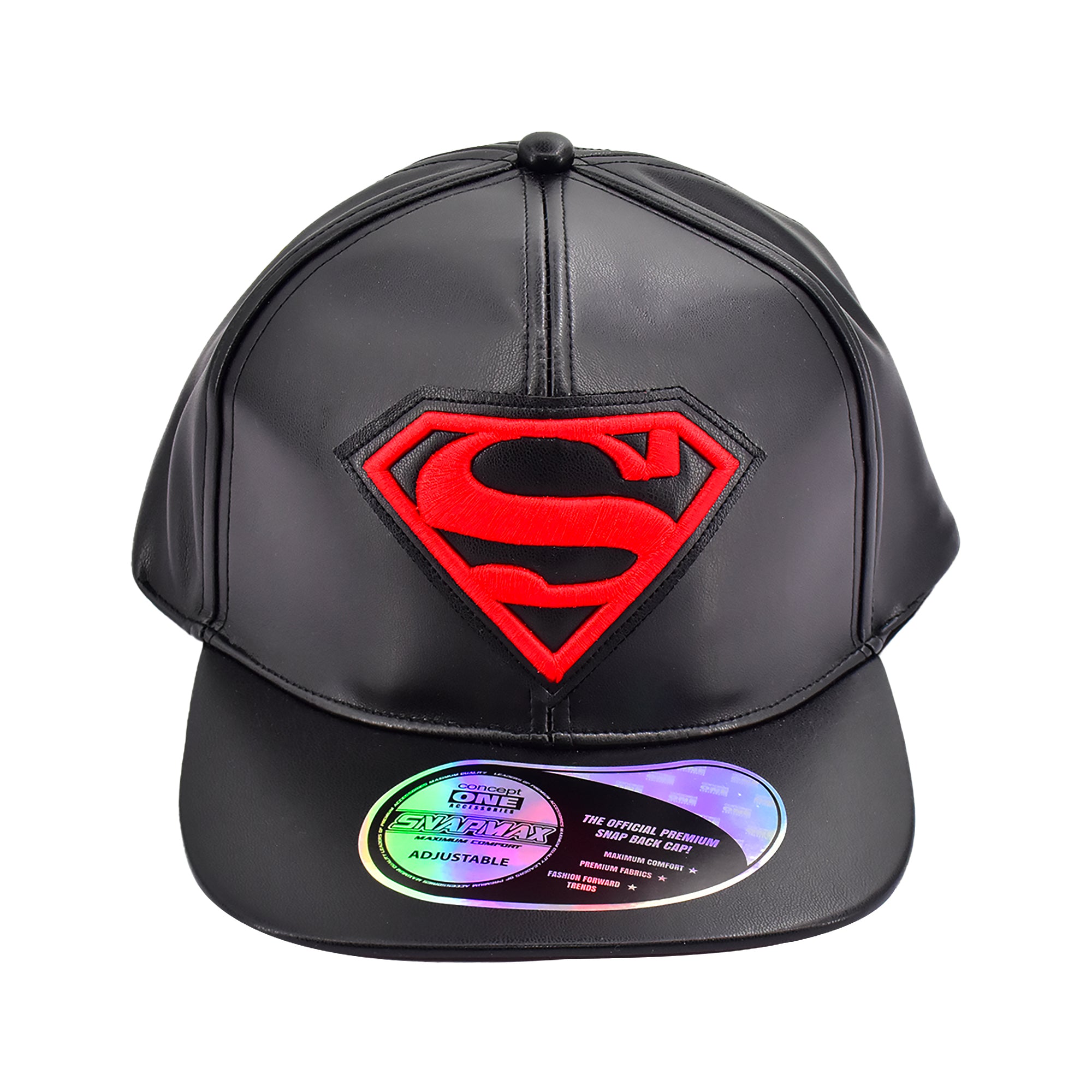 DC Comics Superman Black Faux Leather Snapback Hat – Red Logo Flat Brim Cap