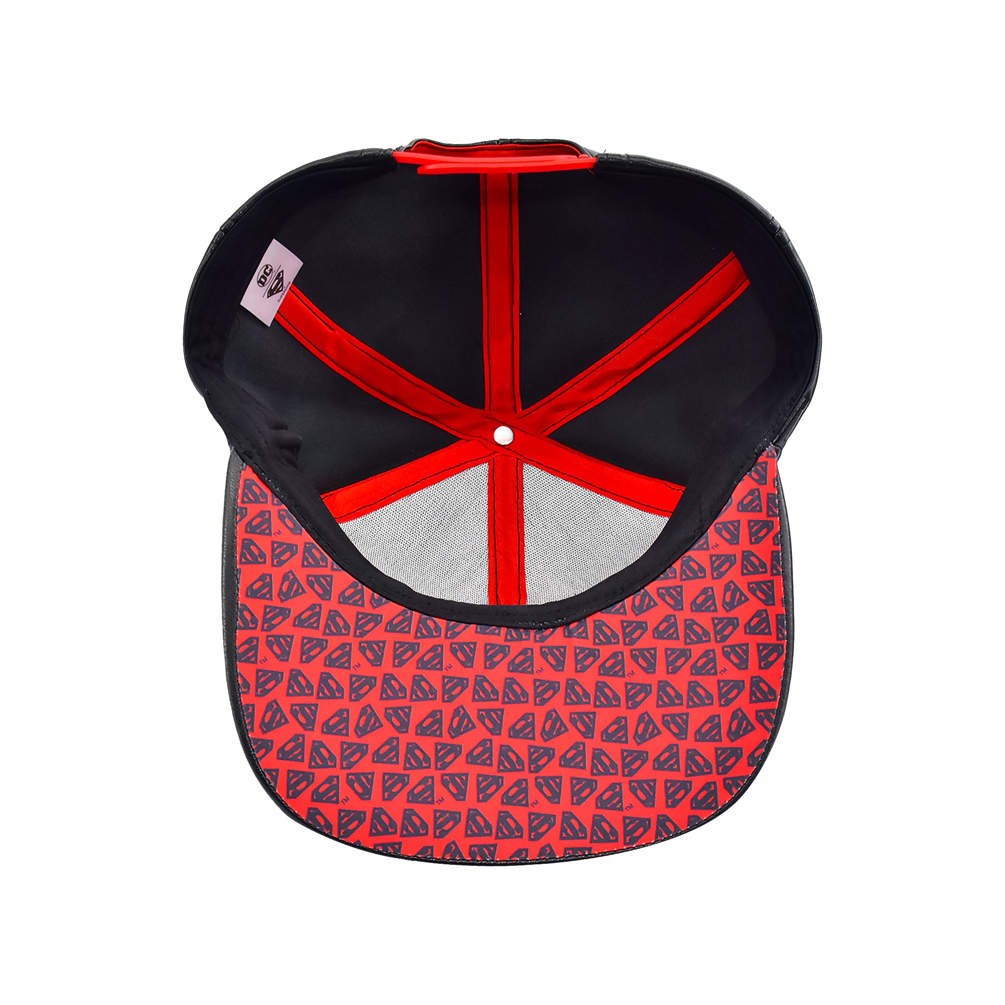 DC Comics Superman Black Faux Leather Snapback Hat – Red Logo Flat Brim Cap