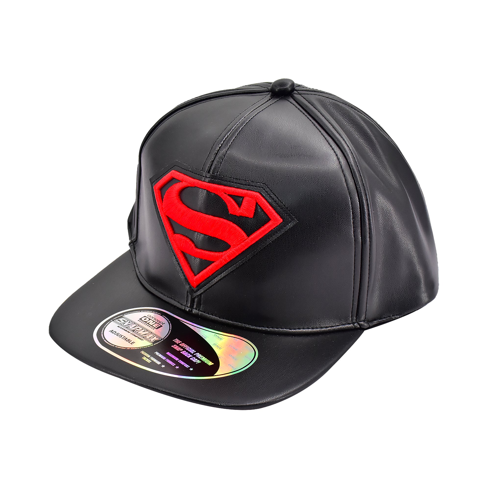 DC Comics Superman Black Faux Leather Snapback Hat – Red Logo Flat Brim Cap