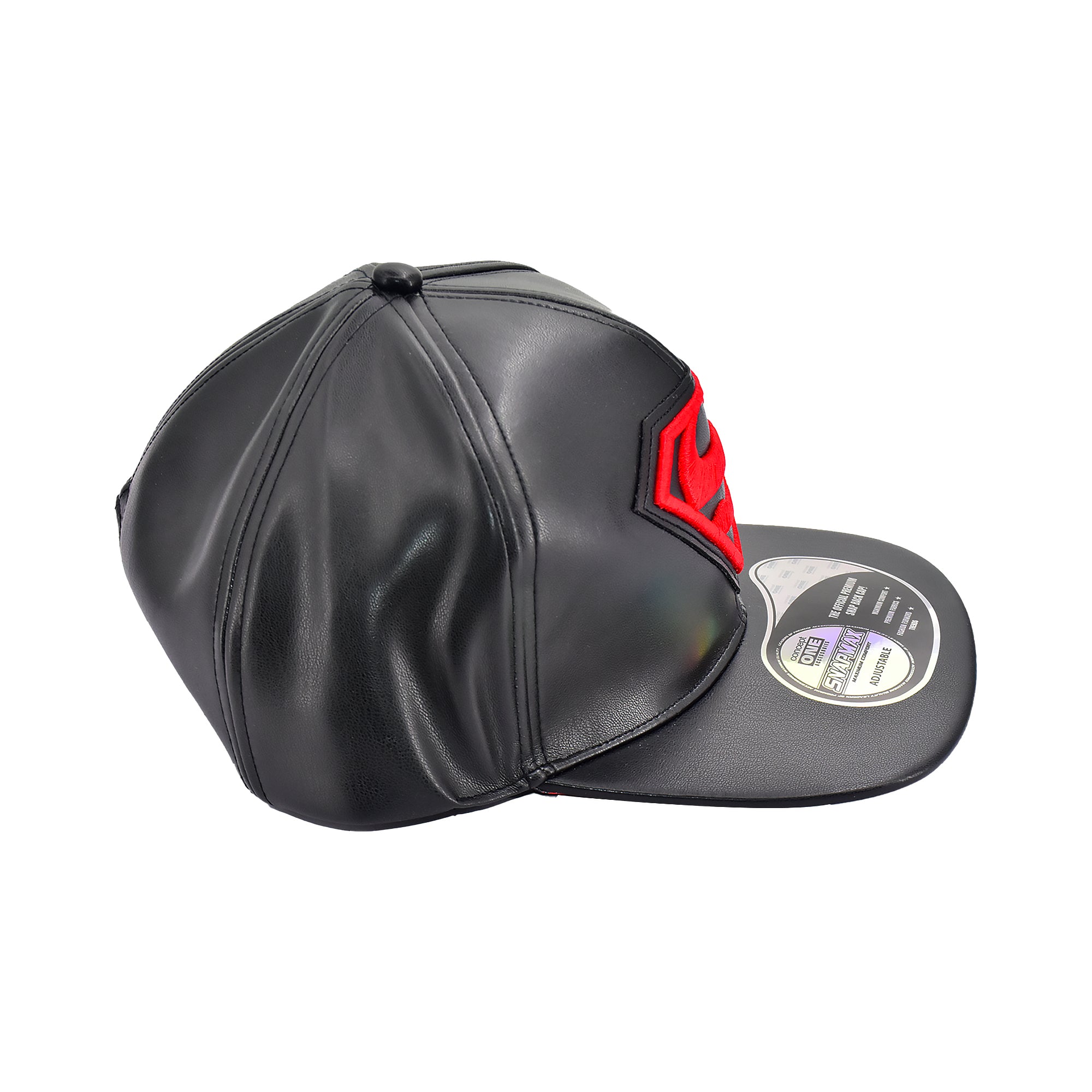 DC Comics Superman Black Faux Leather Snapback Hat – Red Logo Flat Brim Cap