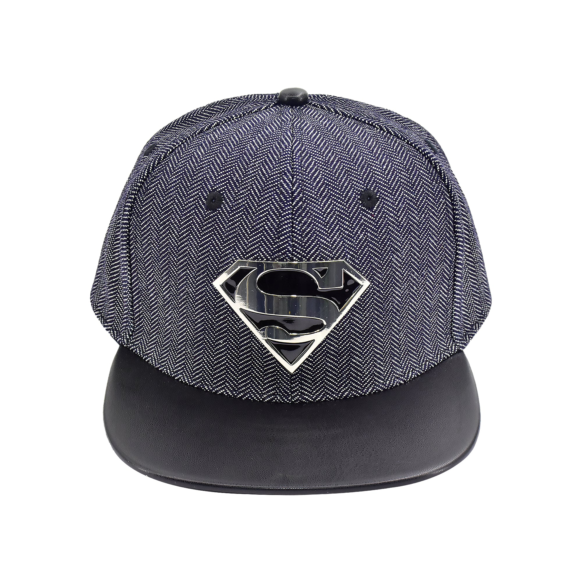 DC Comics Superman Metal Logo Herringbone Snapback Hat with Faux Leather Brim