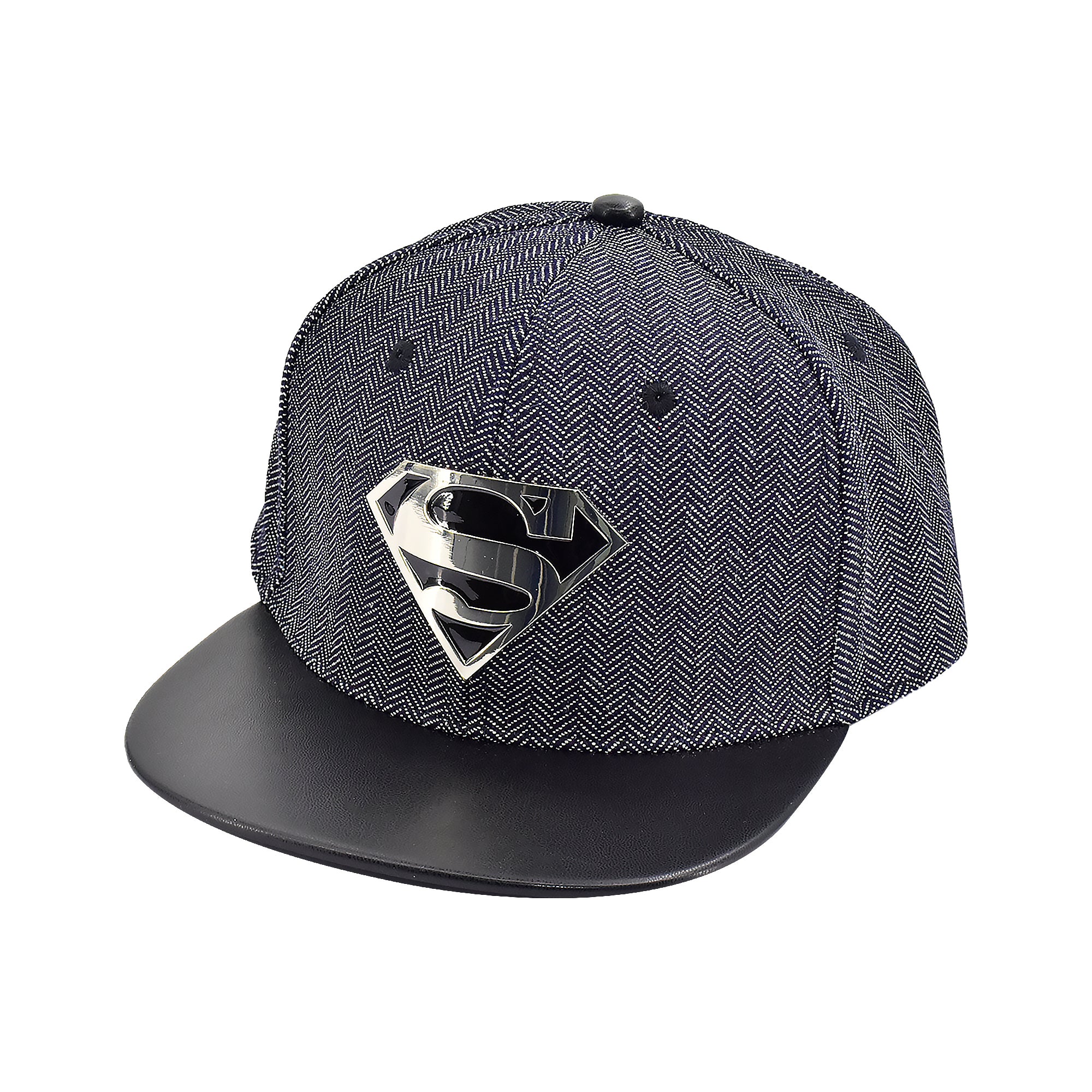 DC Comics Superman Metal Logo Herringbone Snapback Hat with Faux Leather Brim