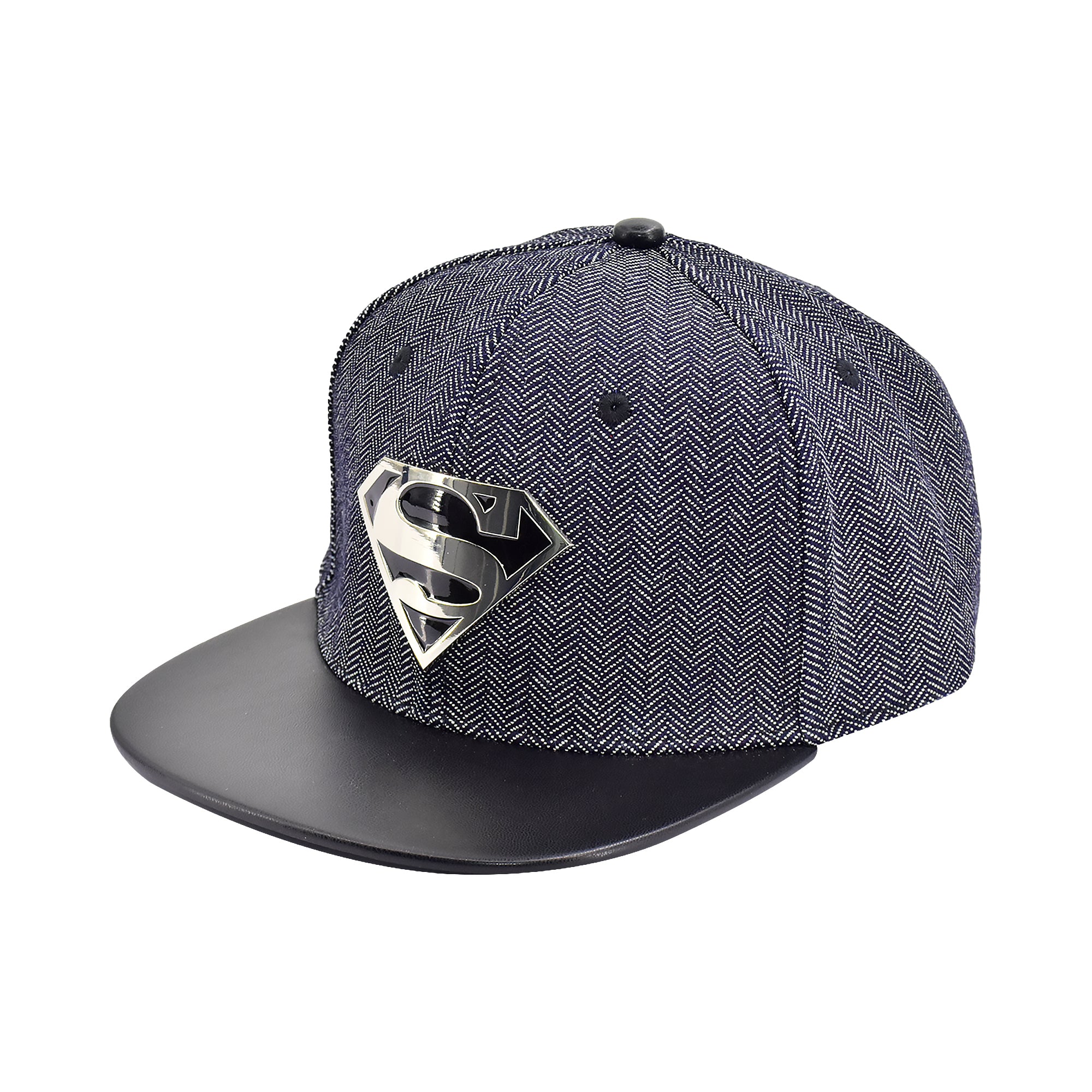 DC Comics Superman Metal Logo Herringbone Snapback Hat with Faux Leather Brim