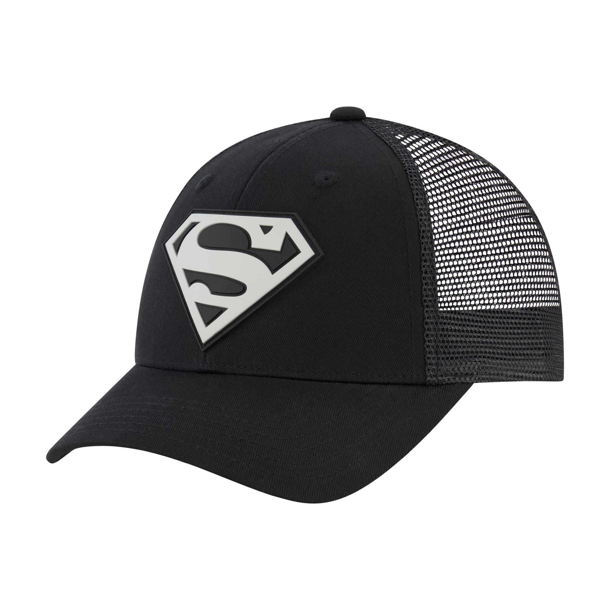 DC Comics Superman Black Trucker Hat – Rubber Logo Patch Adjustable Mesh Cap