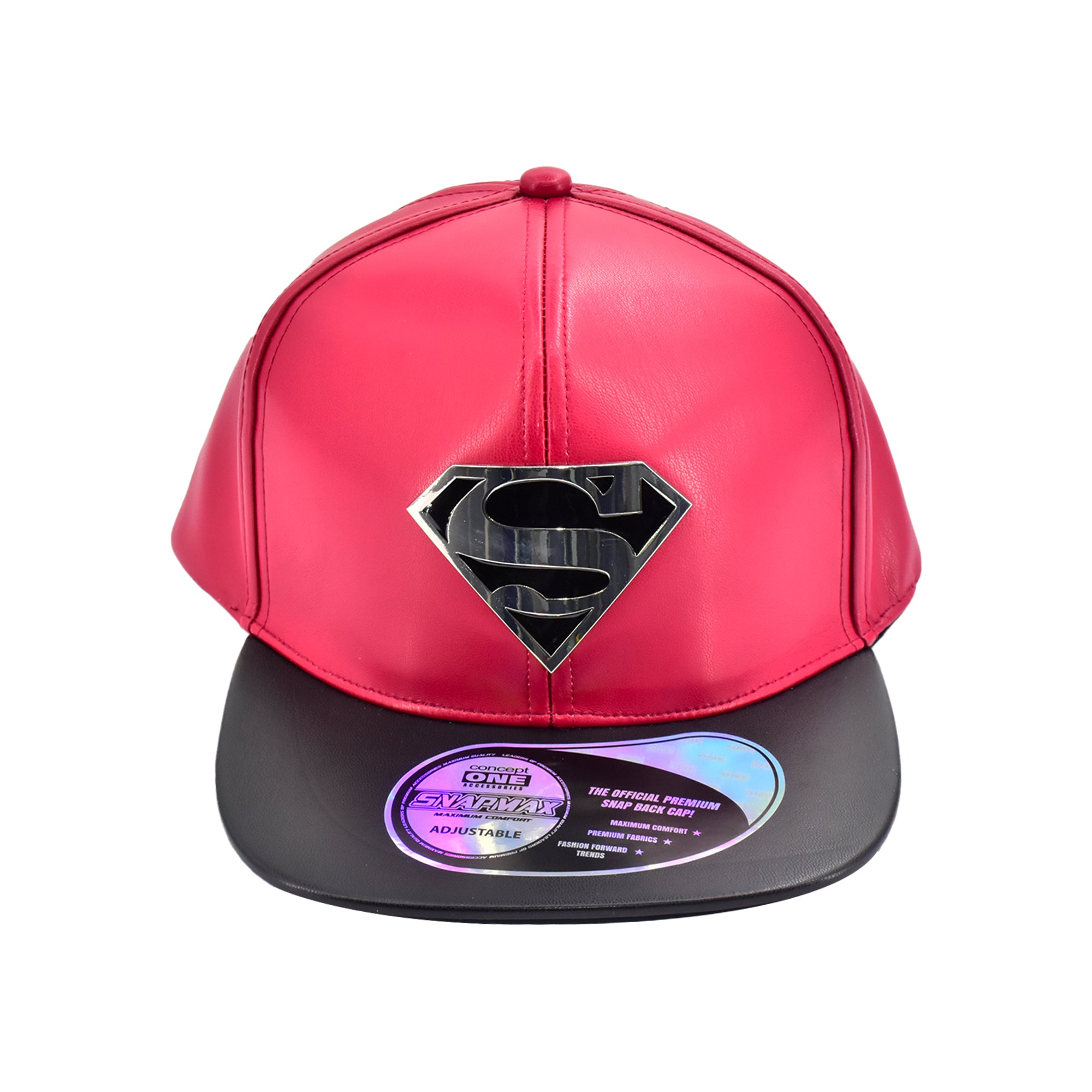 DC Comics Superman Metal Logo Faux Leather Snapback Hat Flat Brim Adjustable Cap