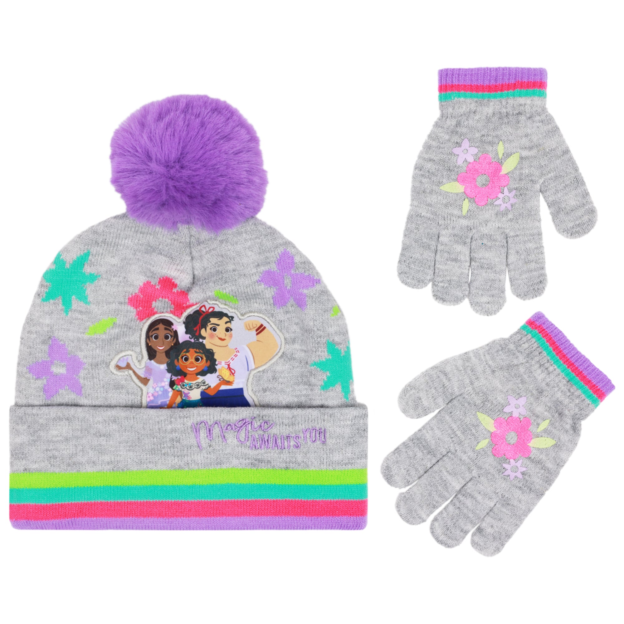 Disney Encanto Girls’ Winter Hat & Gloves Set – “Magic Awaits You” Beanie with Pom-Pom