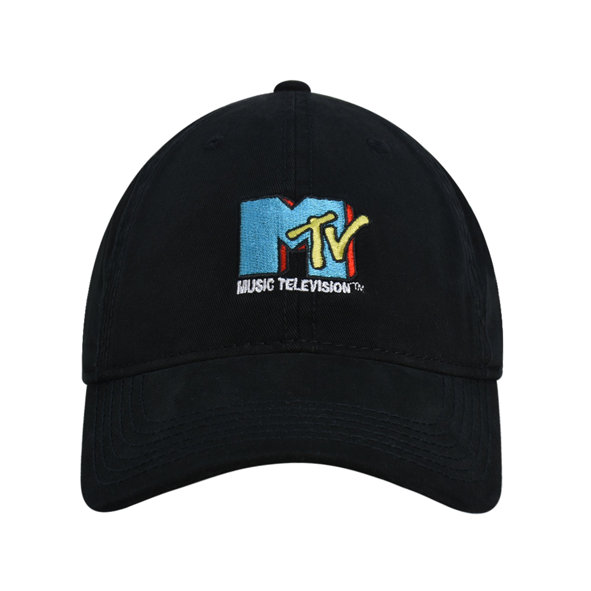 MTV Throwback Style Embroidered Logo Cotton Adjustable Baseball Cap with Curved Brim, Black, One Size