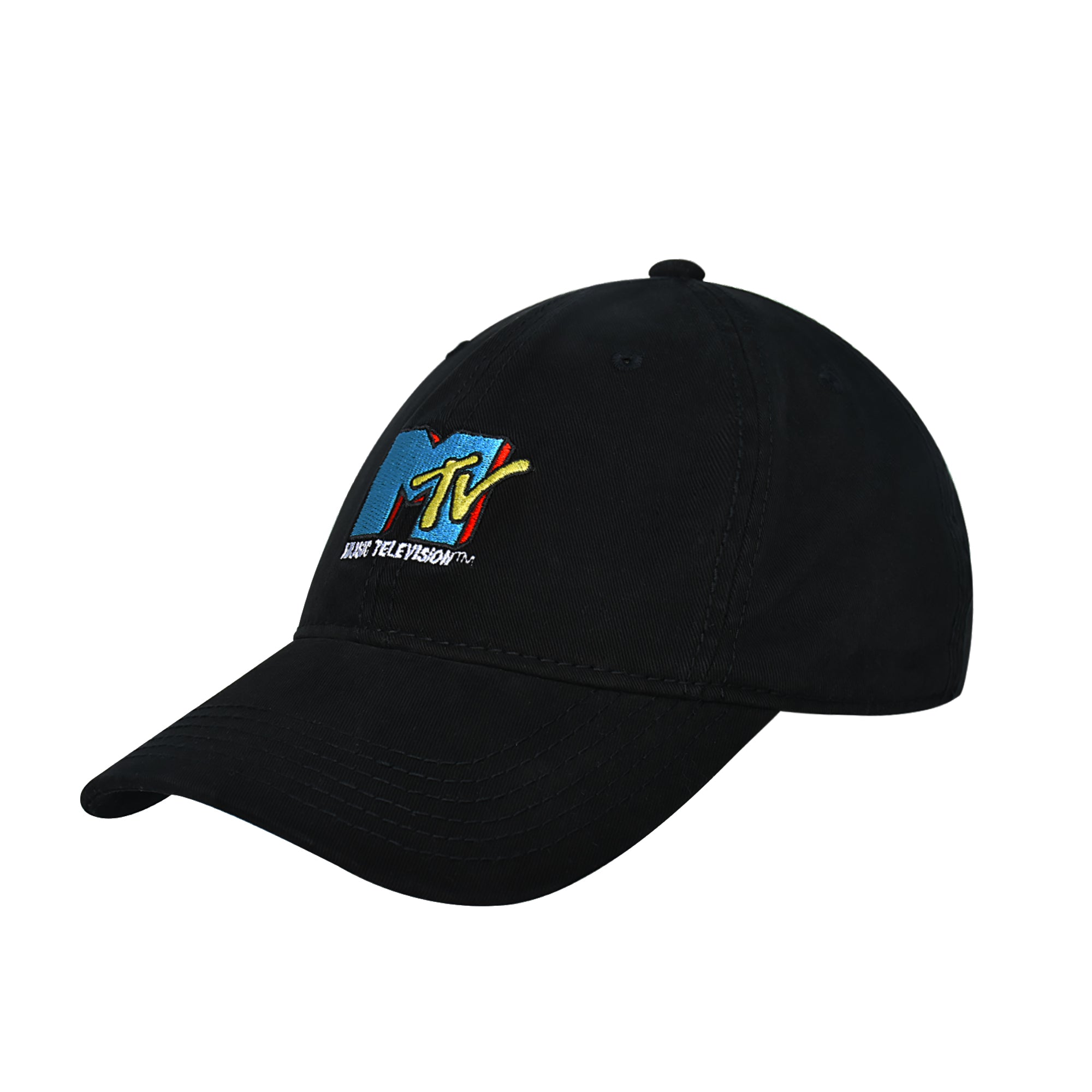 MTV Throwback Style Embroidered Logo Cotton Adjustable Baseball Cap with Curved Brim, Black, One Size