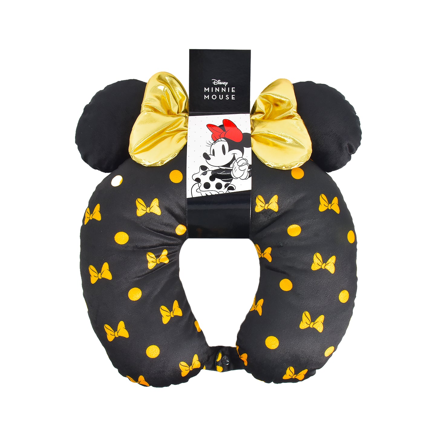 Disney Minnie Mouse Travel Neck Pillow with 3D Ears and Bow for Airplane, Car and Office Comfortable and Breathable, Black/Yellow