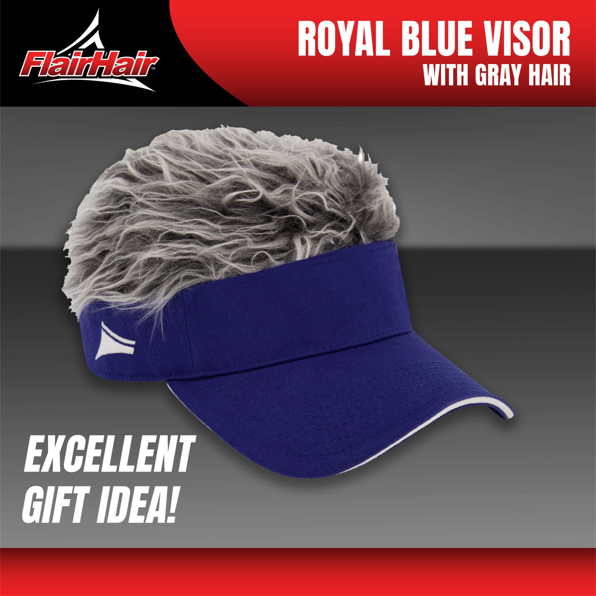 Flair Hair Sun Visor Cap with Fake Hair, Grey Hair with Royal Blue Adjustable Baseball Hat, Royal Blue, One Size