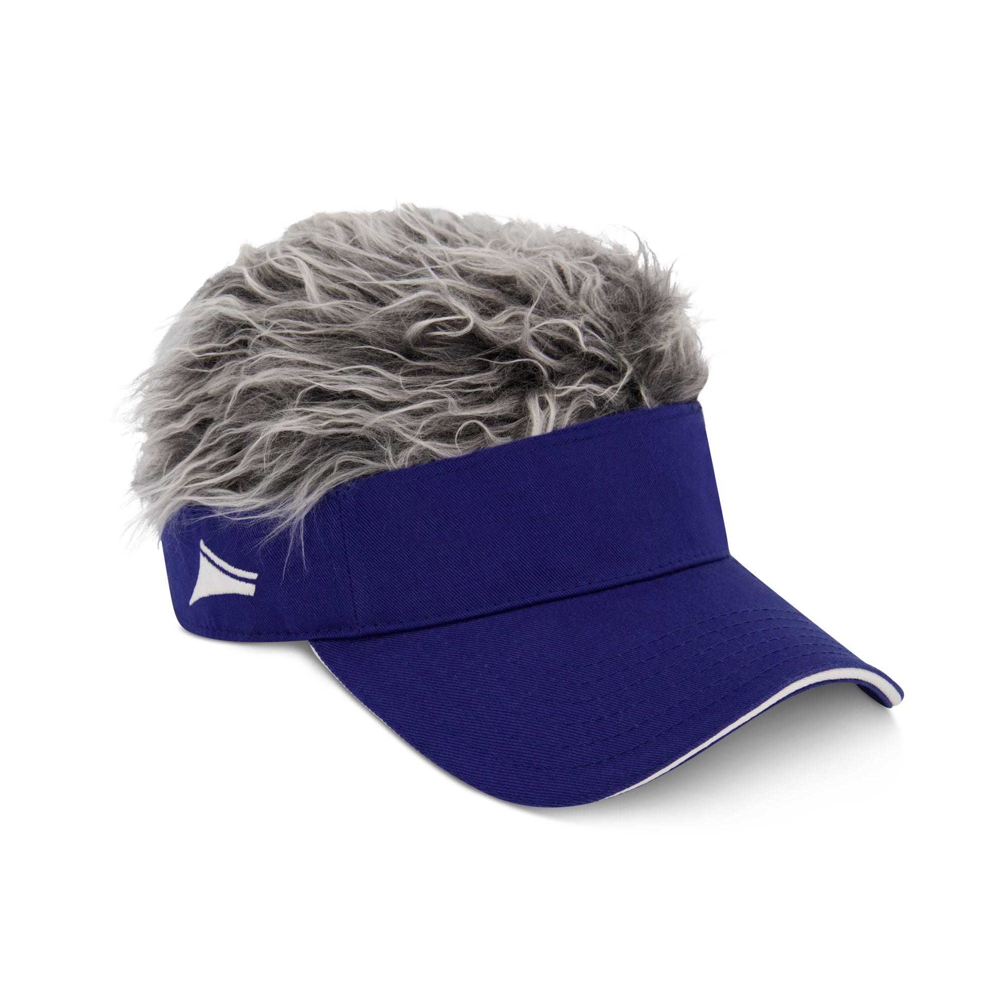 Flair Hair Sun Visor Cap with Fake Hair, Grey Hair with Royal Blue Adjustable Baseball Hat, Royal Blue, One Size