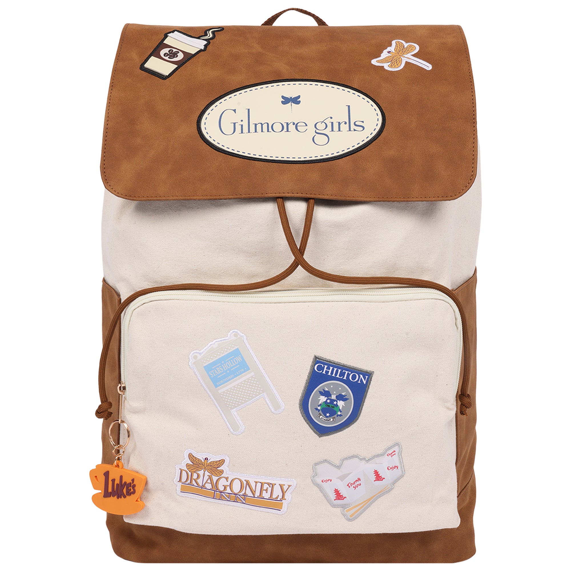 Gilmore Girls Stars Hollow Canvas Backpack with Faux Leather Trim, Laptop Sleeve & Charm Keychain