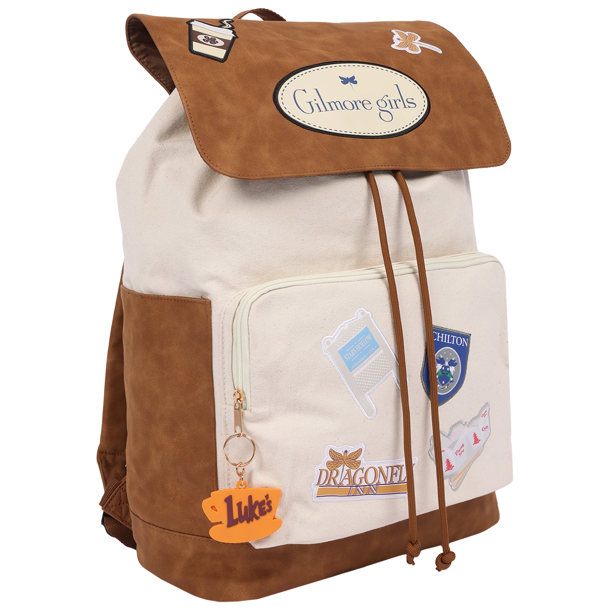 Gilmore Girls Stars Hollow Canvas Backpack with Faux Leather Trim, Laptop Sleeve & Charm Keychain
