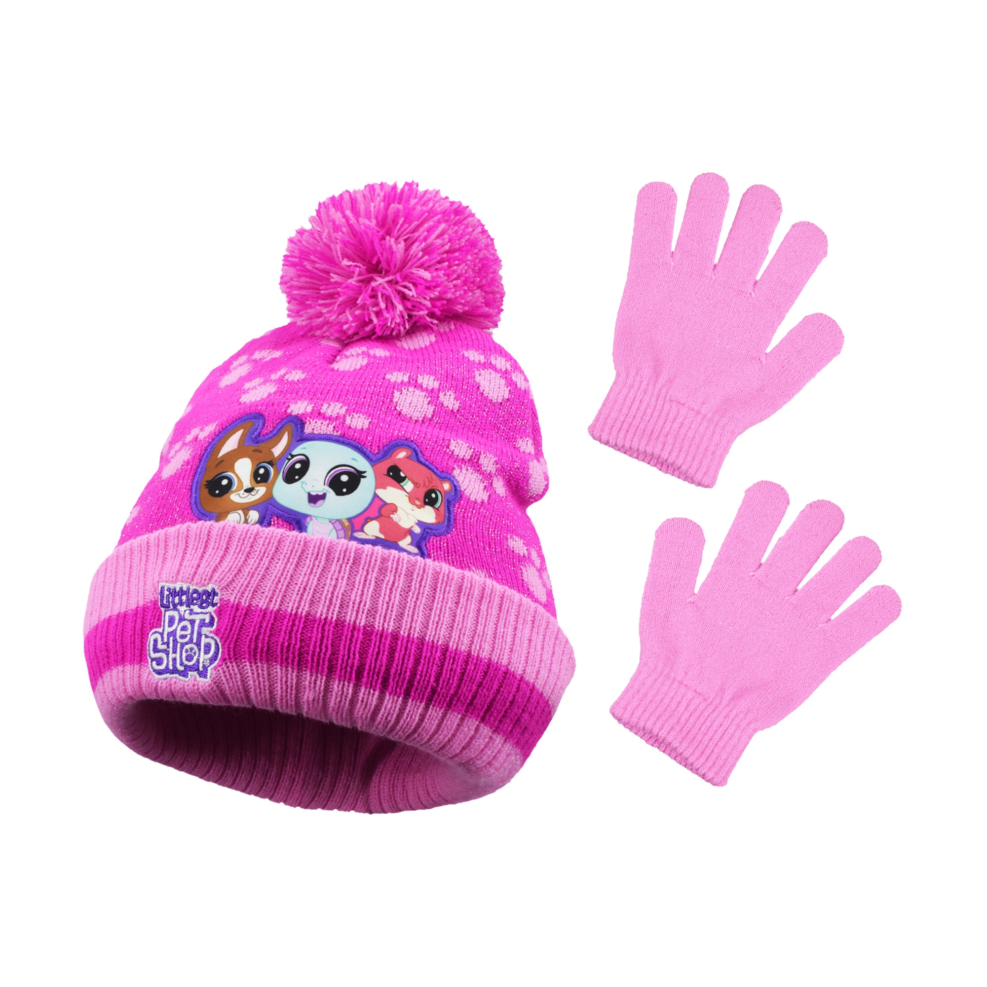 Concept One girls Littlest Pet Shop Beanie Hat and Gloves Set, Girls Winter Knit Cap With Pom and Matching Mittens
