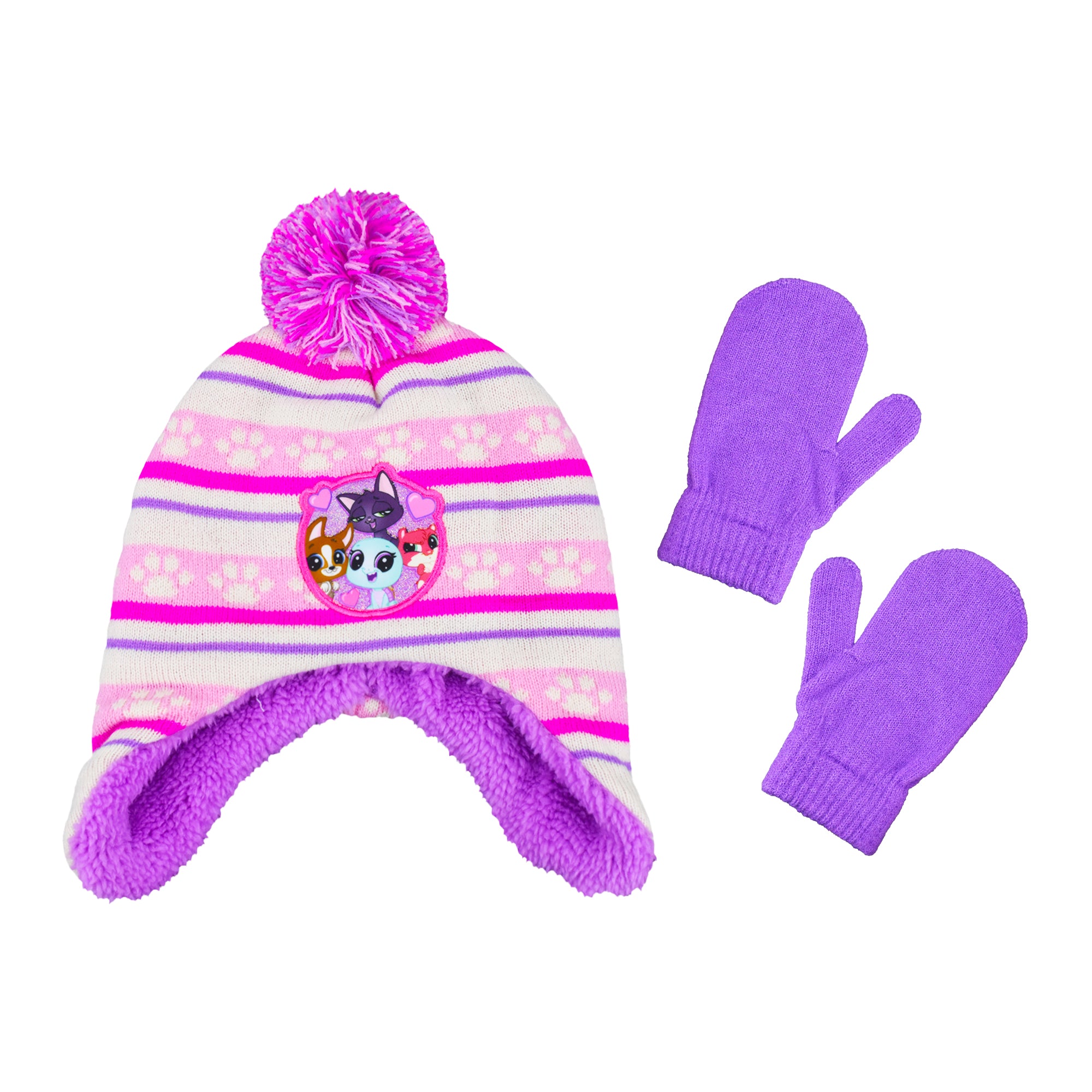 Concept One girls Littlest Pet Shop Beanie Hat and Gloves Set, Girls Winter Knit Cap With Pom and Matching Mittens