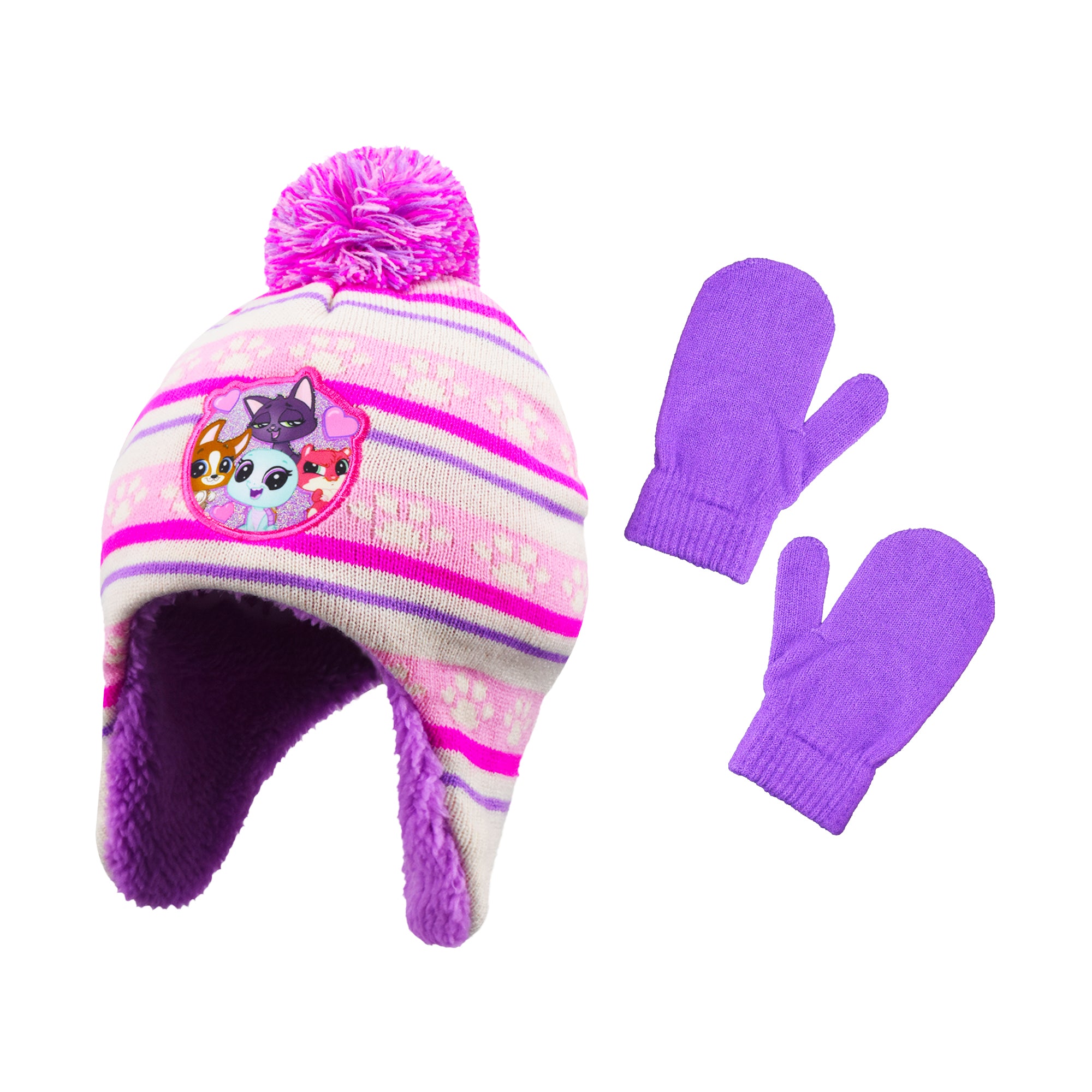 Concept One girls Littlest Pet Shop Beanie Hat and Gloves Set, Girls Winter Knit Cap With Pom and Matching Mittens