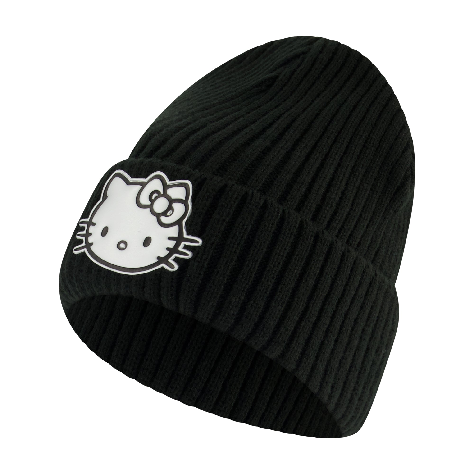 Hello Kitty Beanie Hat, Women's Cuffed Ribbed Knit Winter Cap, Black, One Size