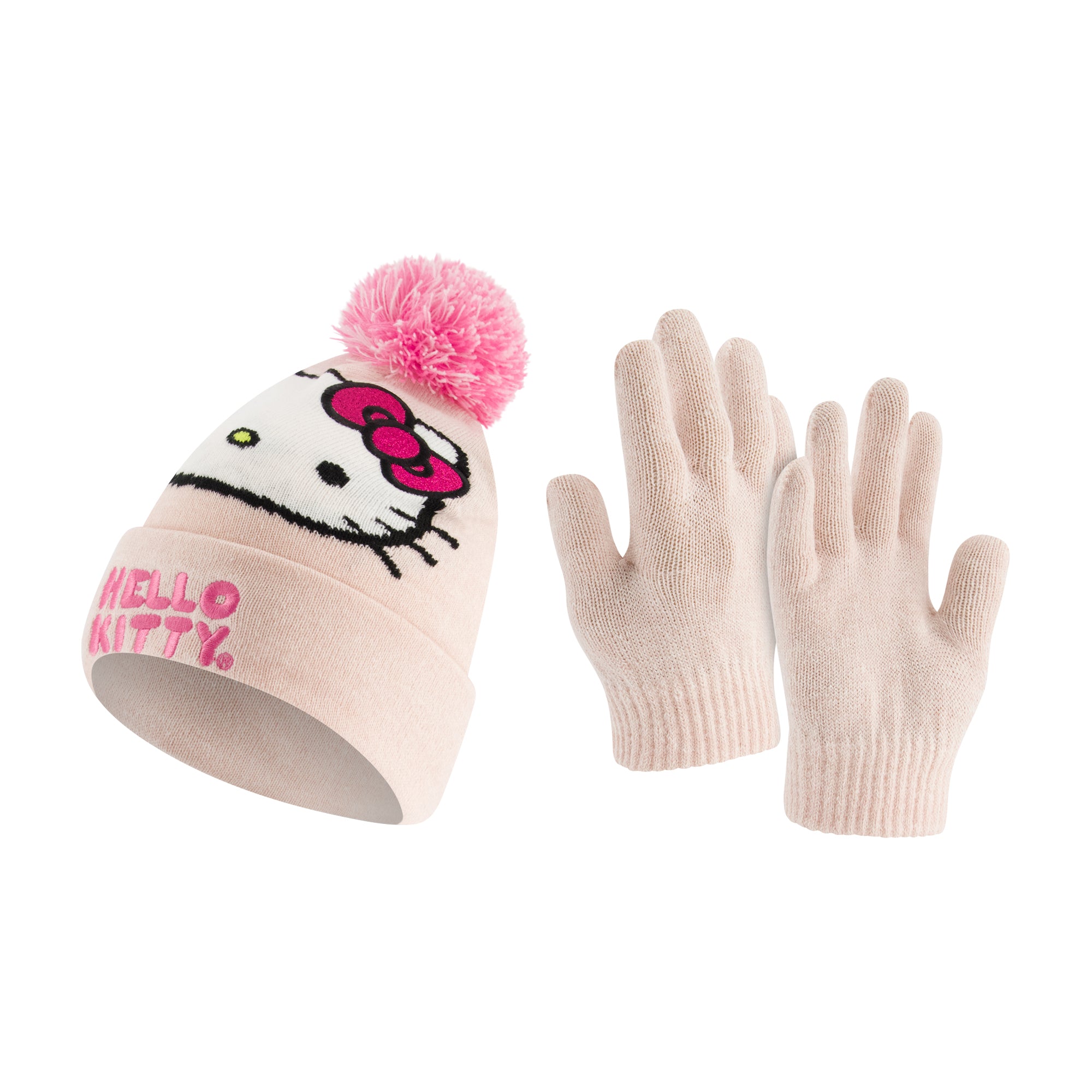 Hello Kitty Beanie Hat and Gloves Set, Girls Cuffed Marled Winter Knit Cap with Pom and Matching Mittens, Pink, One Size