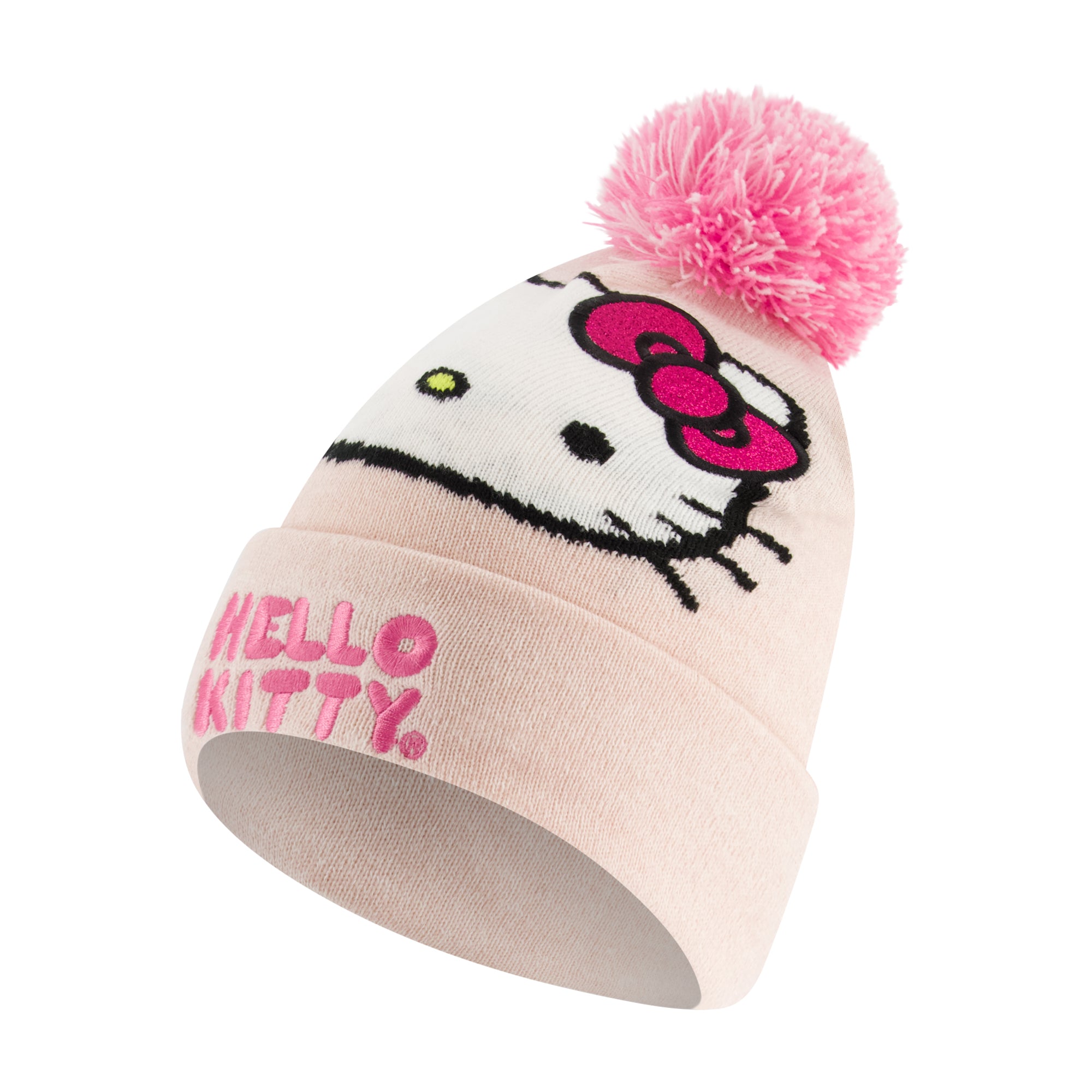 Hello Kitty Beanie Hat and Gloves Set, Girls Cuffed Marled Winter Knit Cap with Pom and Matching Mittens, Pink, One Size