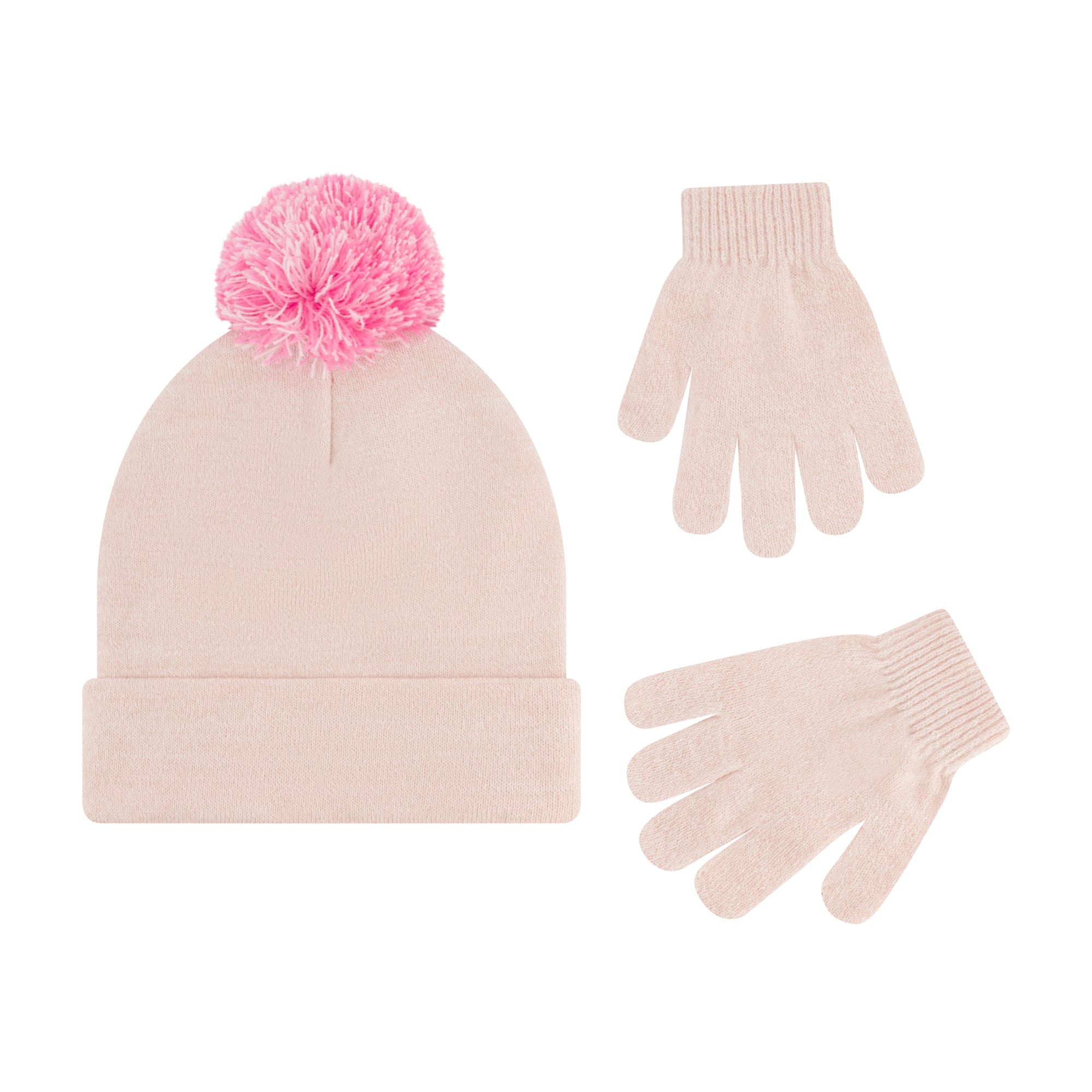 Hello Kitty Beanie Hat and Gloves Set, Girls Cuffed Marled Winter Knit Cap with Pom and Matching Mittens, Pink, One Size