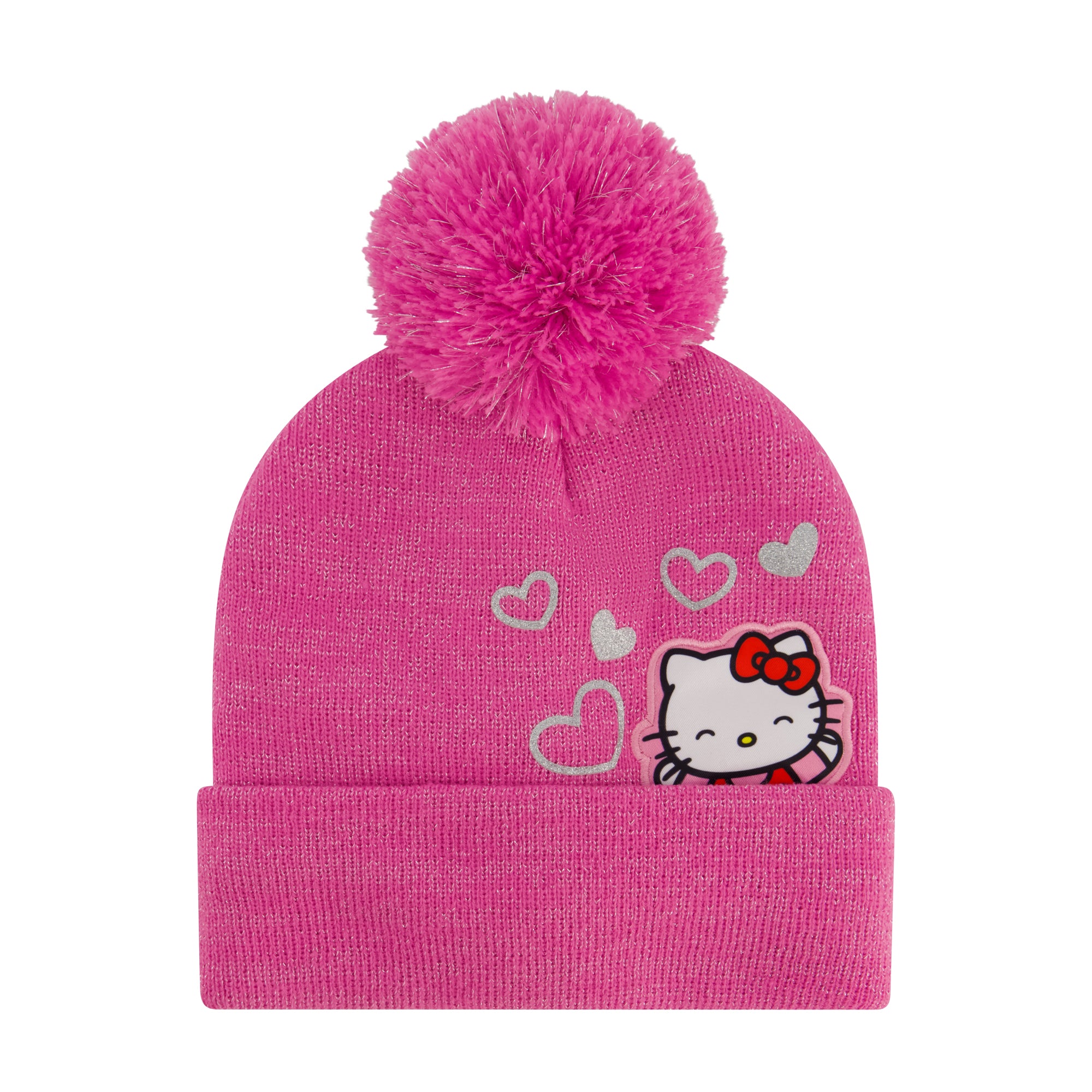 Hello Kitty Girls Beanie Hat and Gloves Set, Cuffed Knit Cap with Pom and Matching Mittens, Pink, One Size