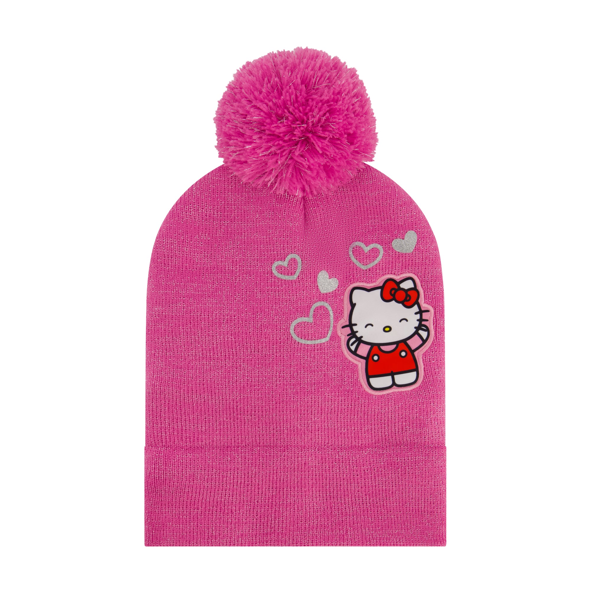 Hello Kitty Girls Beanie Hat and Gloves Set, Cuffed Knit Cap with Pom and Matching Mittens, Pink, One Size