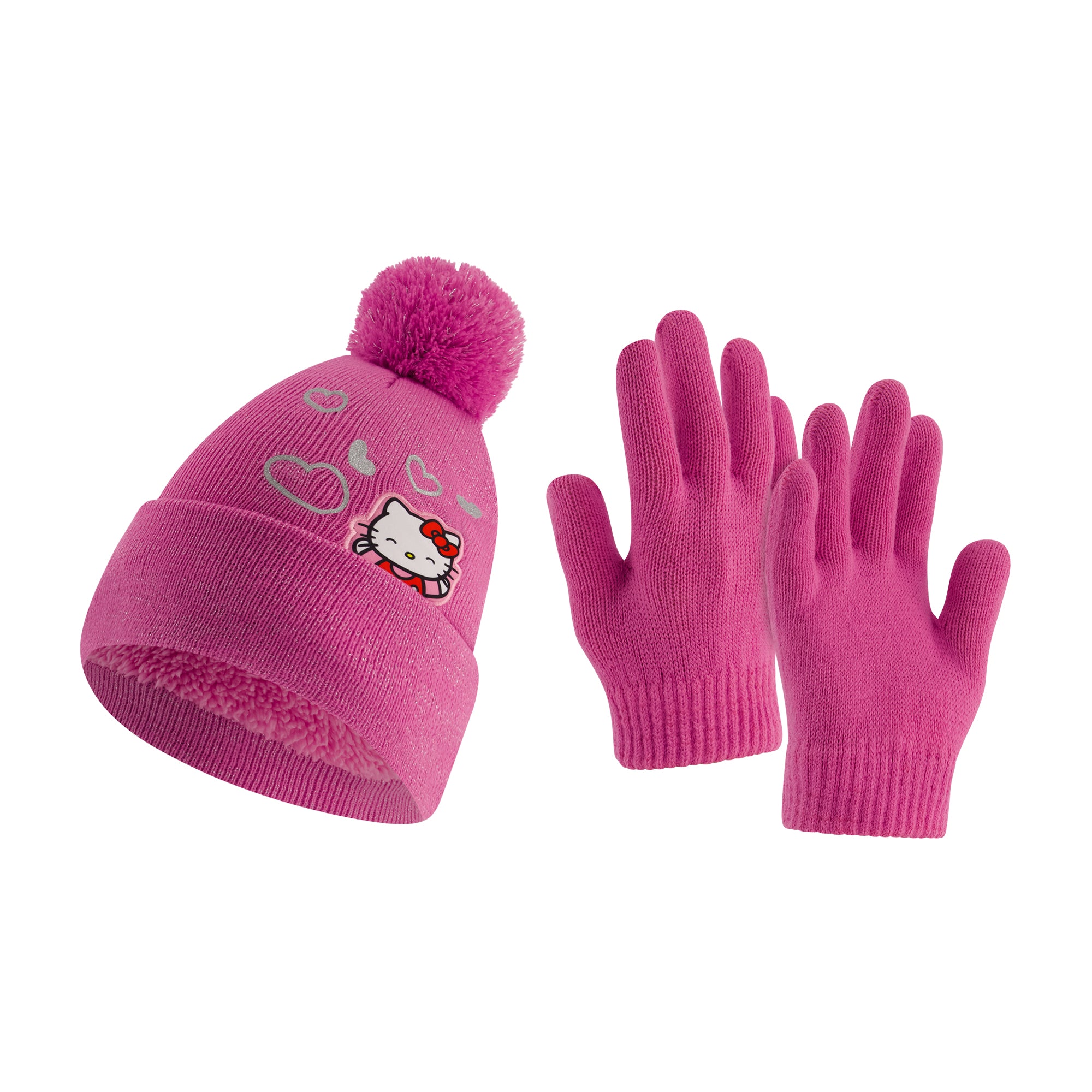 Hello Kitty Girls Beanie Hat and Gloves Set, Cuffed Knit Cap with Pom and Matching Mittens, Pink, One Size