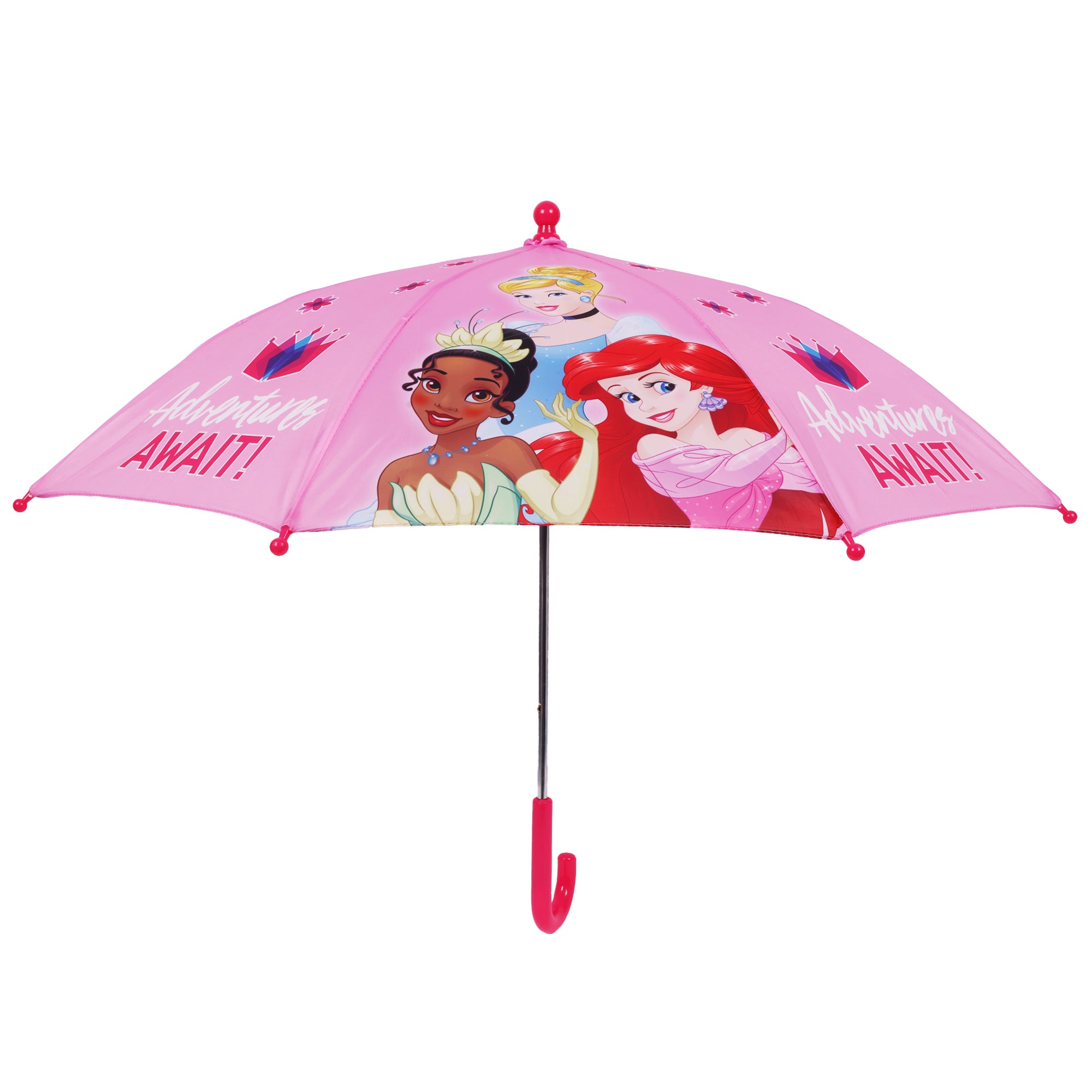 Disney Princess “Adventures Await” Kids Umbrella – 31” Arc Pink Umbrella with Ariel, Tiana & Cinderella