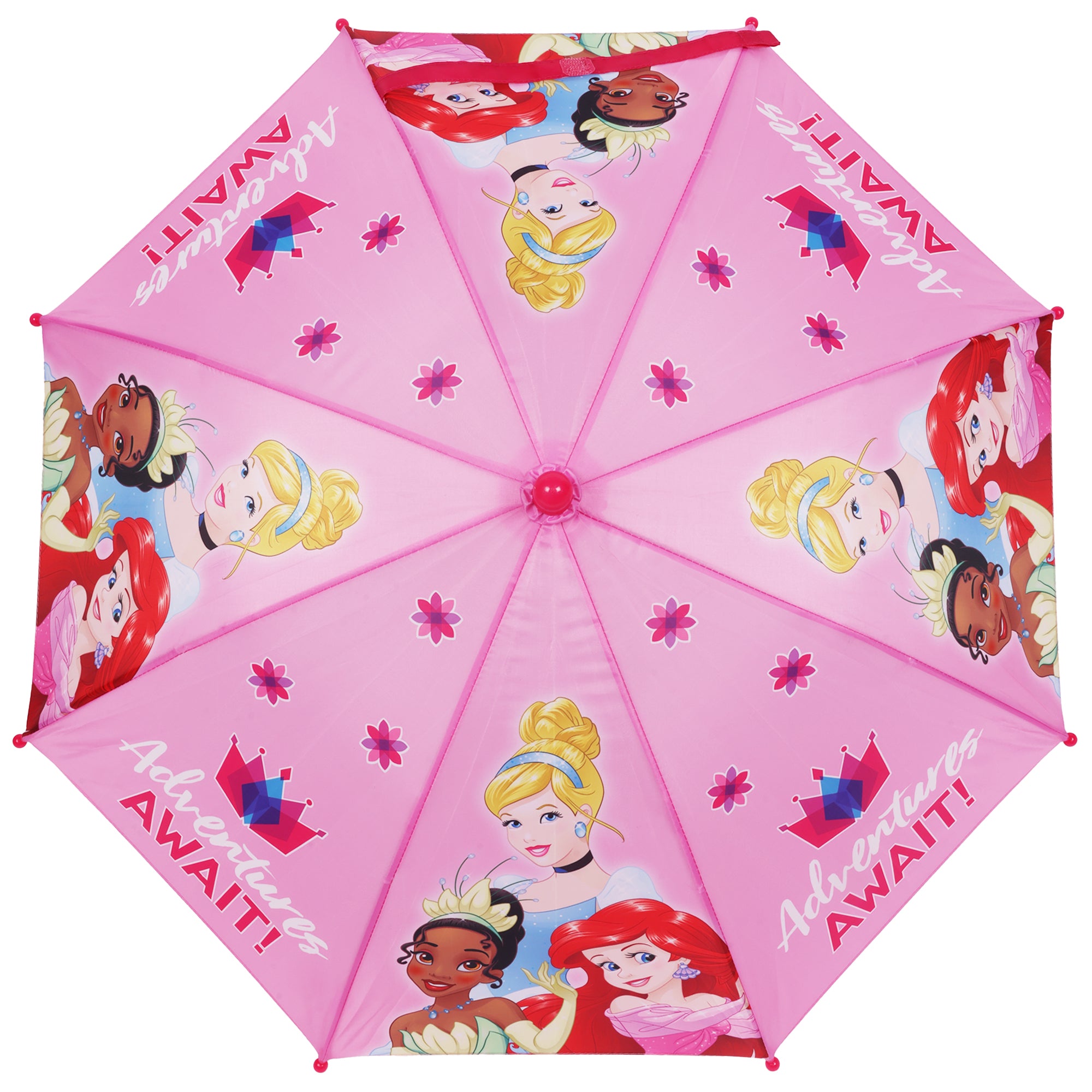 Disney Princess “Adventures Await” Kids Umbrella – 31” Arc Pink Umbrella with Ariel, Tiana & Cinderella