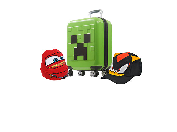 Green suitcase with character designs on a white background
