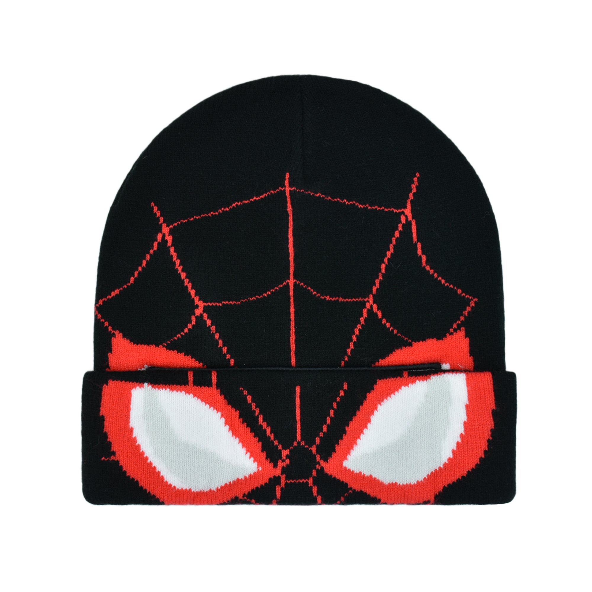 Spider-Themed Roll-Down Beanie with Mesh Eye Design - Black/Red