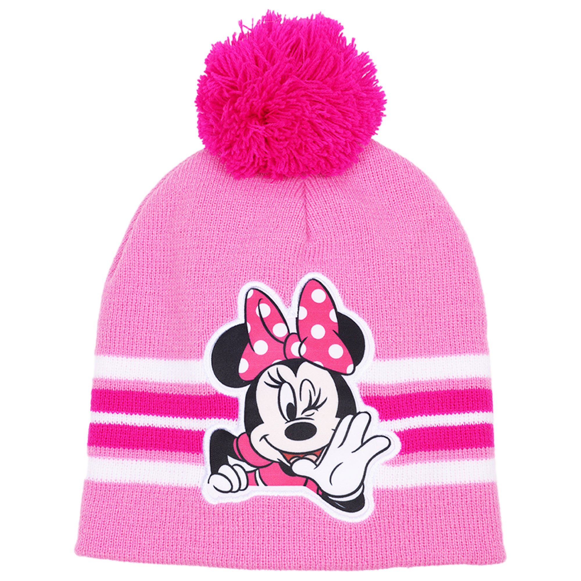 Disney Minnie Mouse Girls 3-Piece Winter Set – Pom Pom Beanie Hat, Striped Scarf & Knit Gloves – Cold Weather Accessory Set
