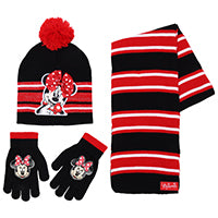 Disney Minnie Mouse Girls 3-Piece Winter Set – Pom Pom Beanie Hat, Striped Scarf & Knit Gloves – Cold Weather Accessory Set