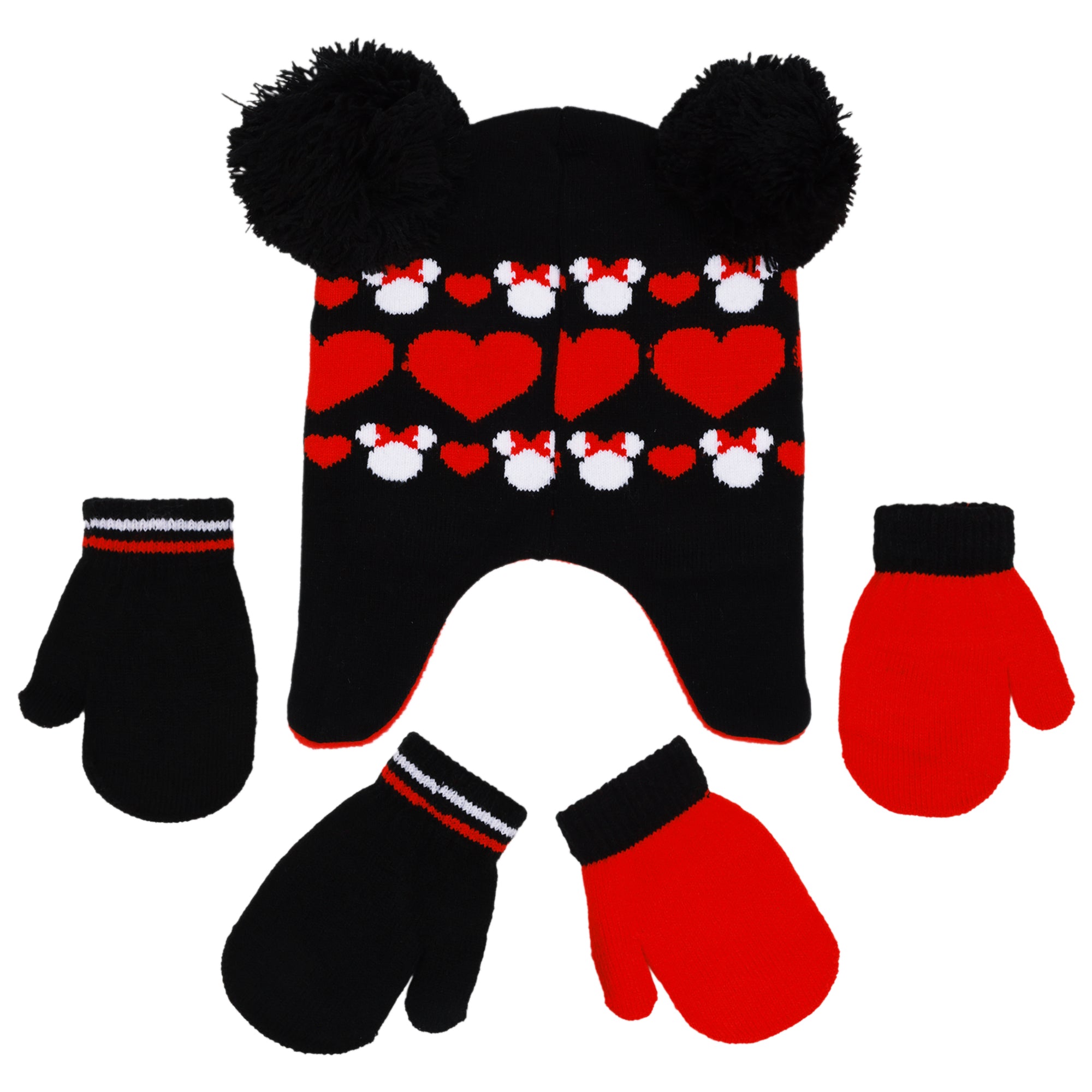 Disney Minnie Mouse Toddler Girls Winter Hat with 2 Pairs of Mittens