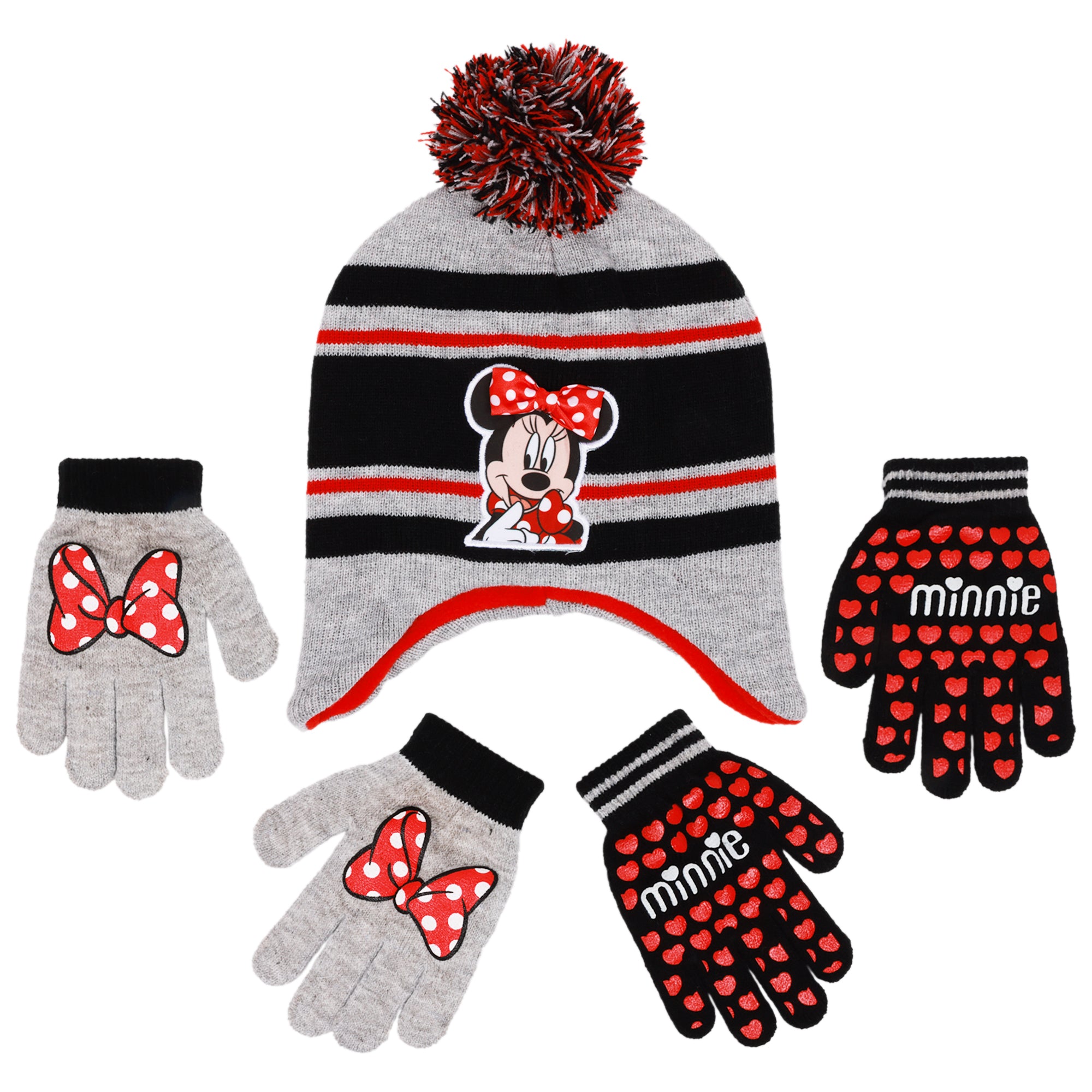 Disney Minnie Mouse Girls Winter Hat with 2 Pairs of Gloves